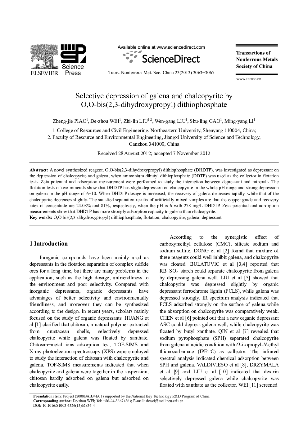 Selective depression of galena and chalcopyrite by O,O-bis(2,3-dihydroxypropyl) dithiophosphate