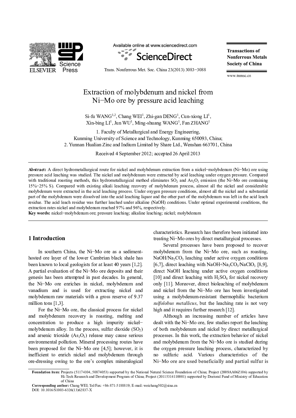 Extraction of molybdenum and nickel from Ni–Mo ore by pressure acid leaching 