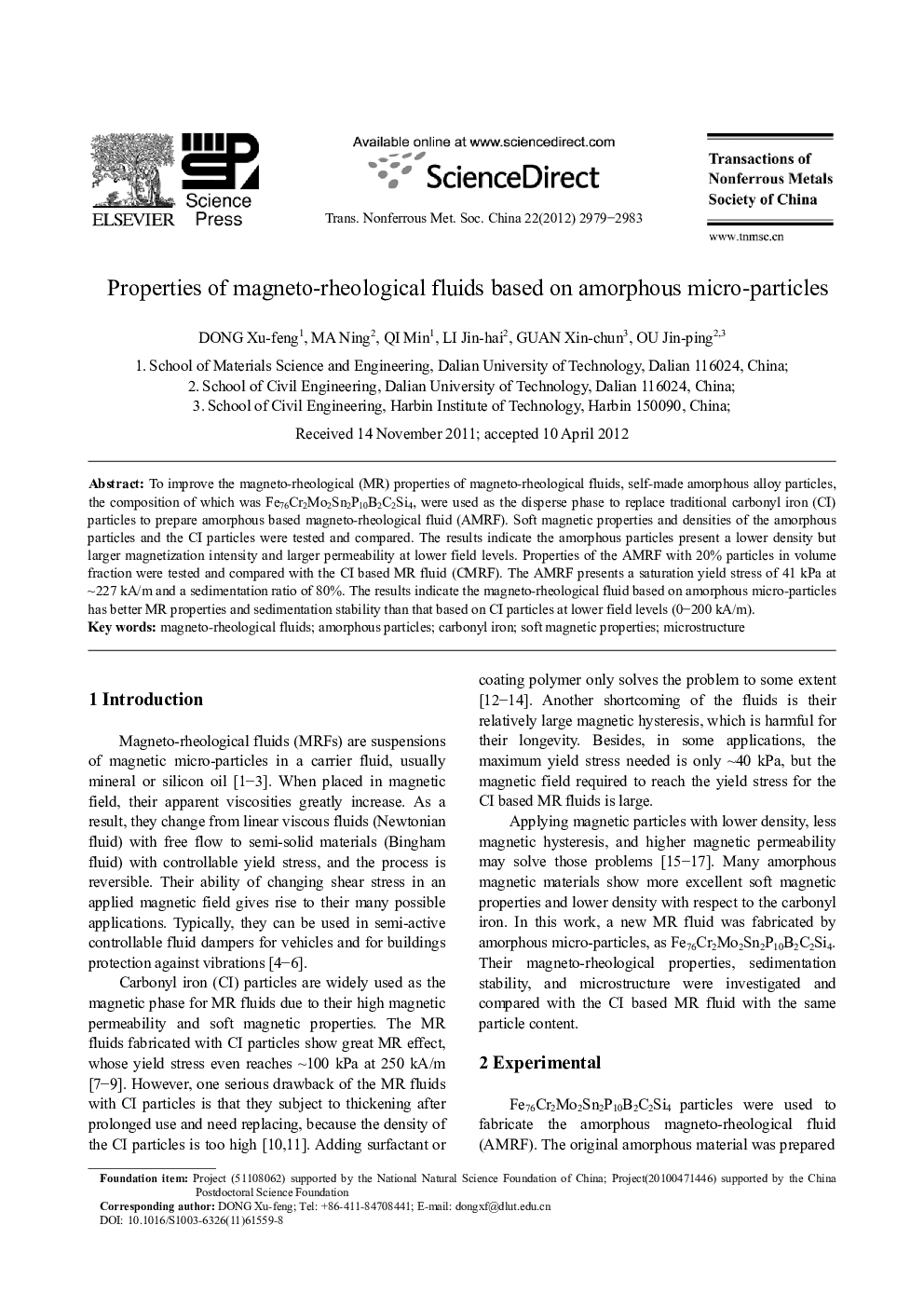 Properties of magneto-rheological fluids based on amorphous micro-particles