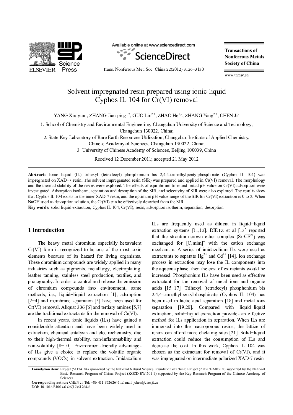 Solvent impregnated resin prepared using ionic liquid Cyphos IL 104 for Cr(VI) removal 