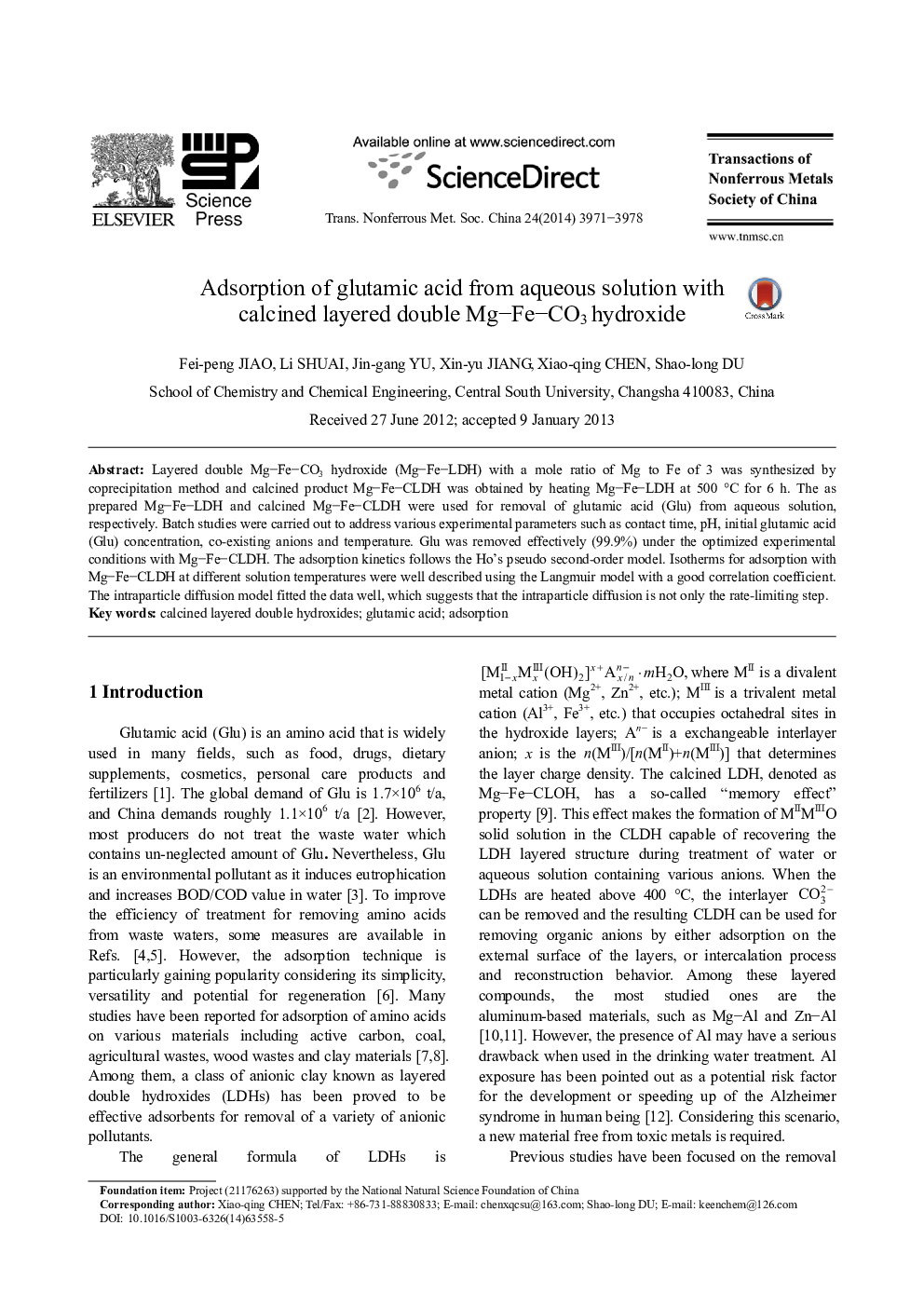 Adsorption of glutamic acid from aqueous solution with calcined layered double Mg-Fe-CO3 hydroxide