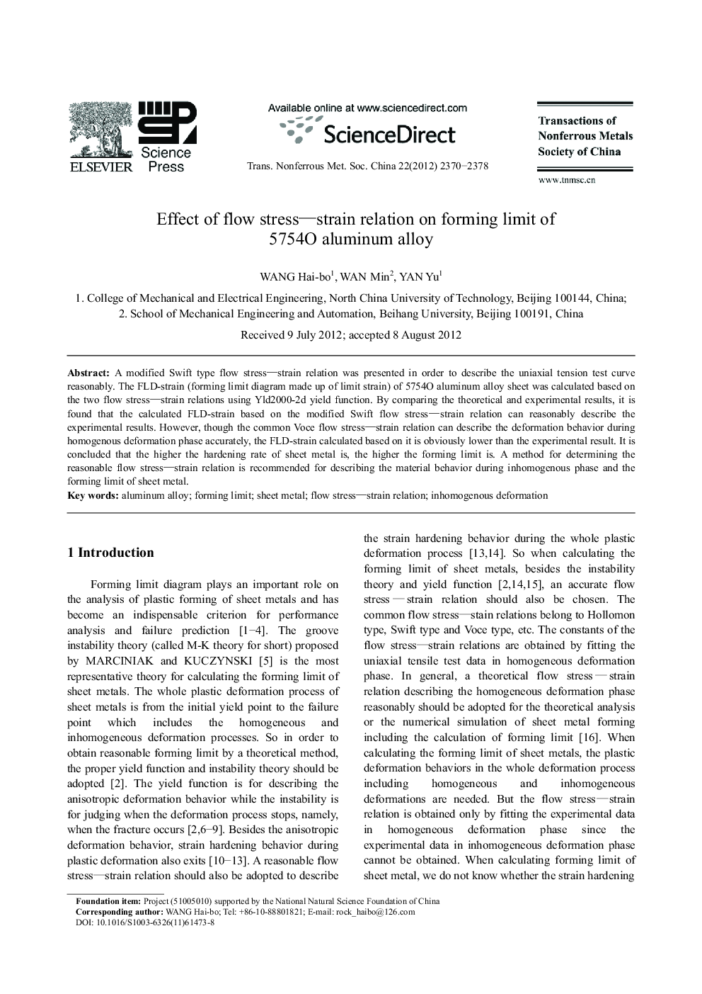 Effect of flow stress—strain relation on forming limit of 5754O aluminum alloy 