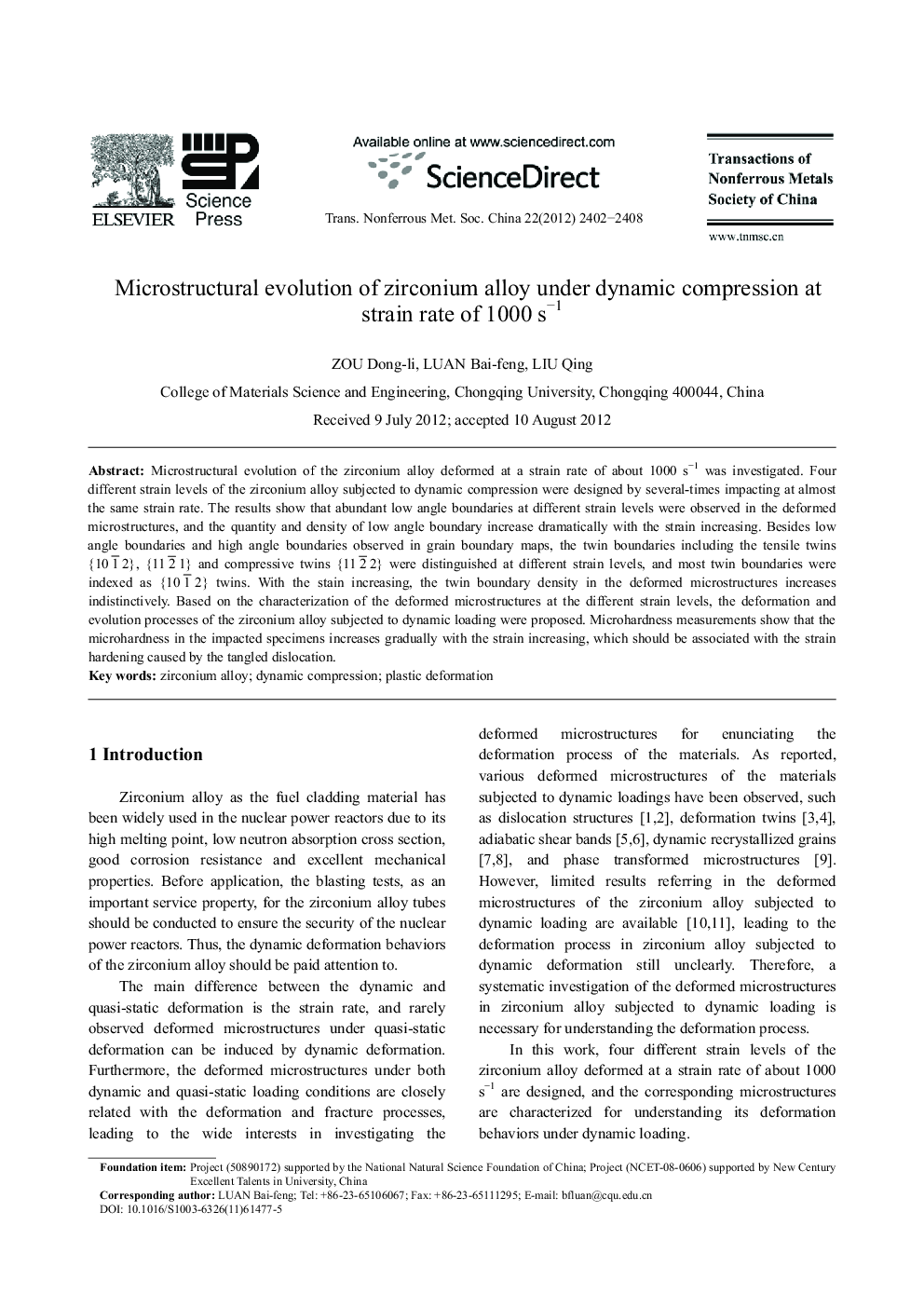 Microstructural evolution of zirconium alloy under dynamic compression at strain rate of 1000 sâ1