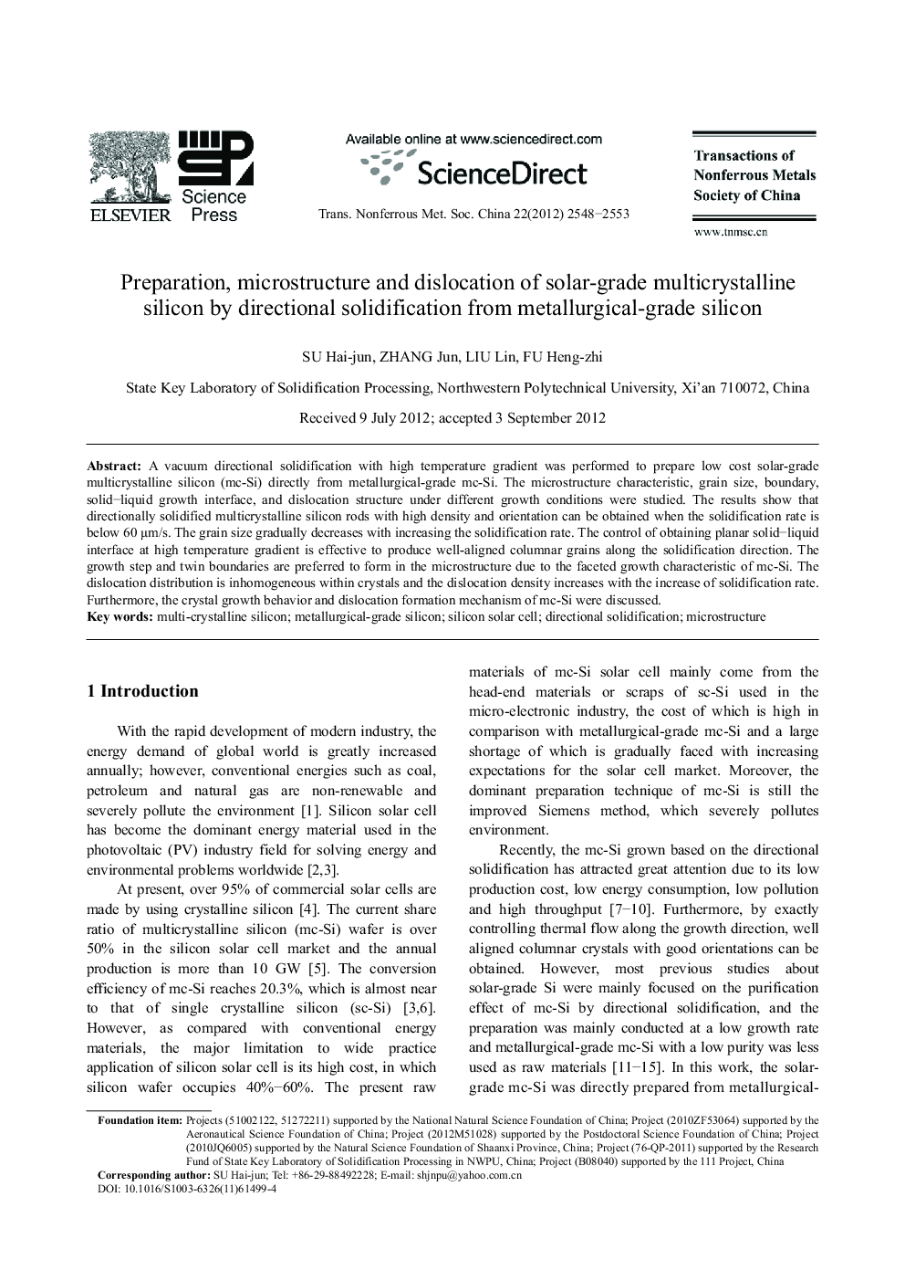 Preparation, microstructure and dislocation of solar-grade multicrystalline silicon by directional solidification from metallurgical-grade silicon