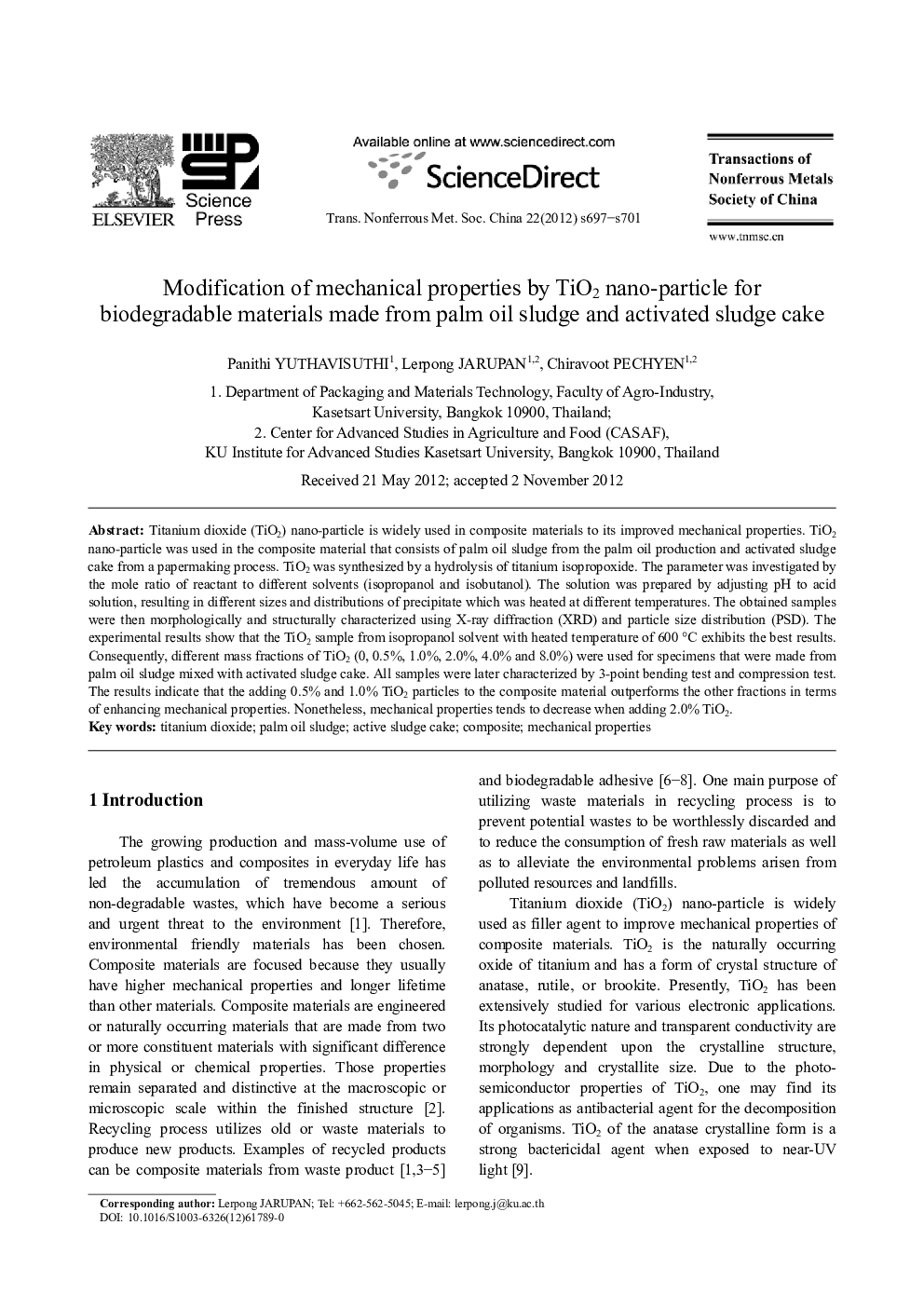 Modification of mechanical properties by TiO2 nano-particle for biodegradable materials made from palm oil sludge and activated sludge cake