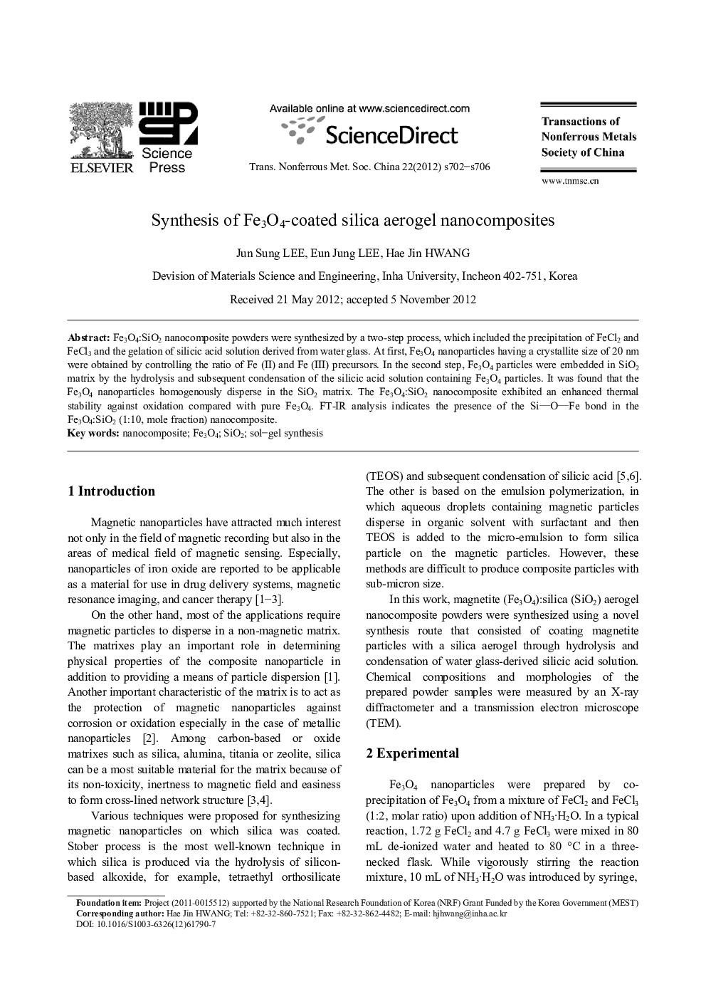 عکس صفحه اول مقاله: Synthesis of Fe3O4-coated silica aerogel nanocomposites Synthesis of Fe3O4-coated silica aerogel nanocomposites