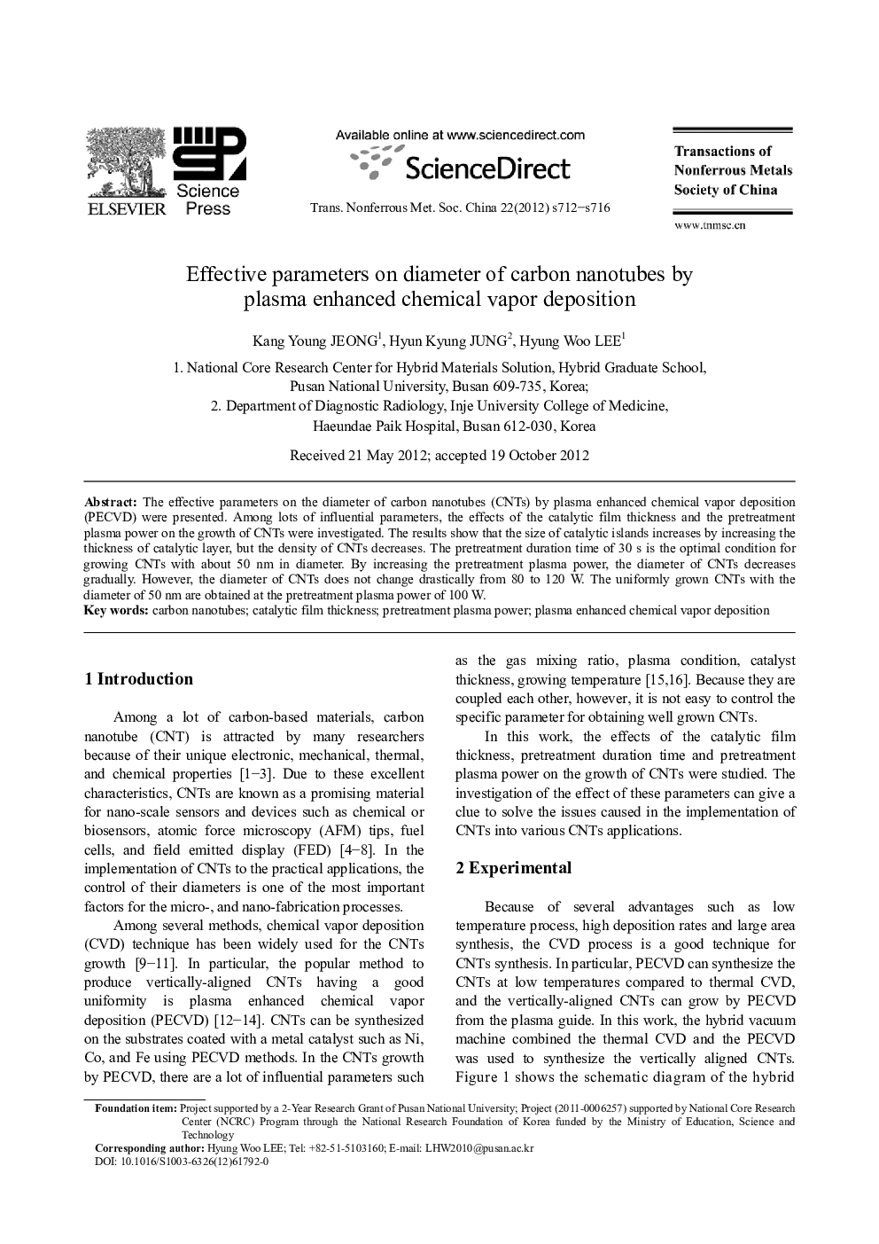 Effective parameters on diameter of carbon nanotubes by plasma enhanced chemical vapor deposition 