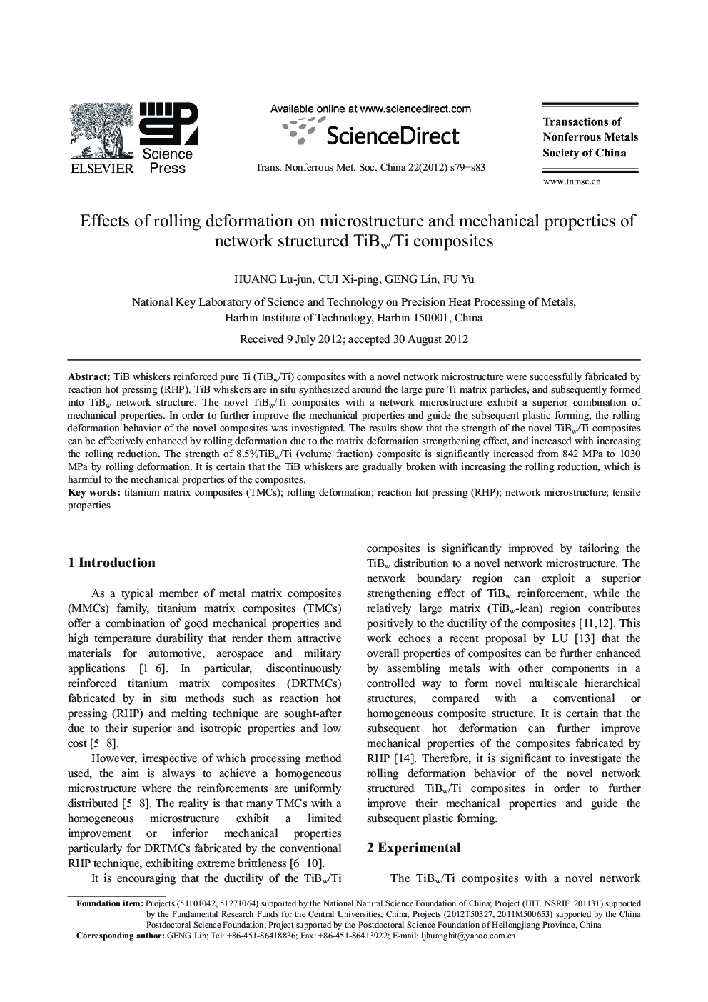 Effects of rolling deformation on microstructure and mechanical properties of network structured TiBw/Ti composites