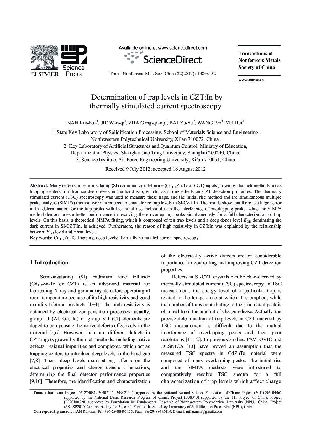 Determination of trap levels in CZT:In by thermally stimulated current spectroscopy 