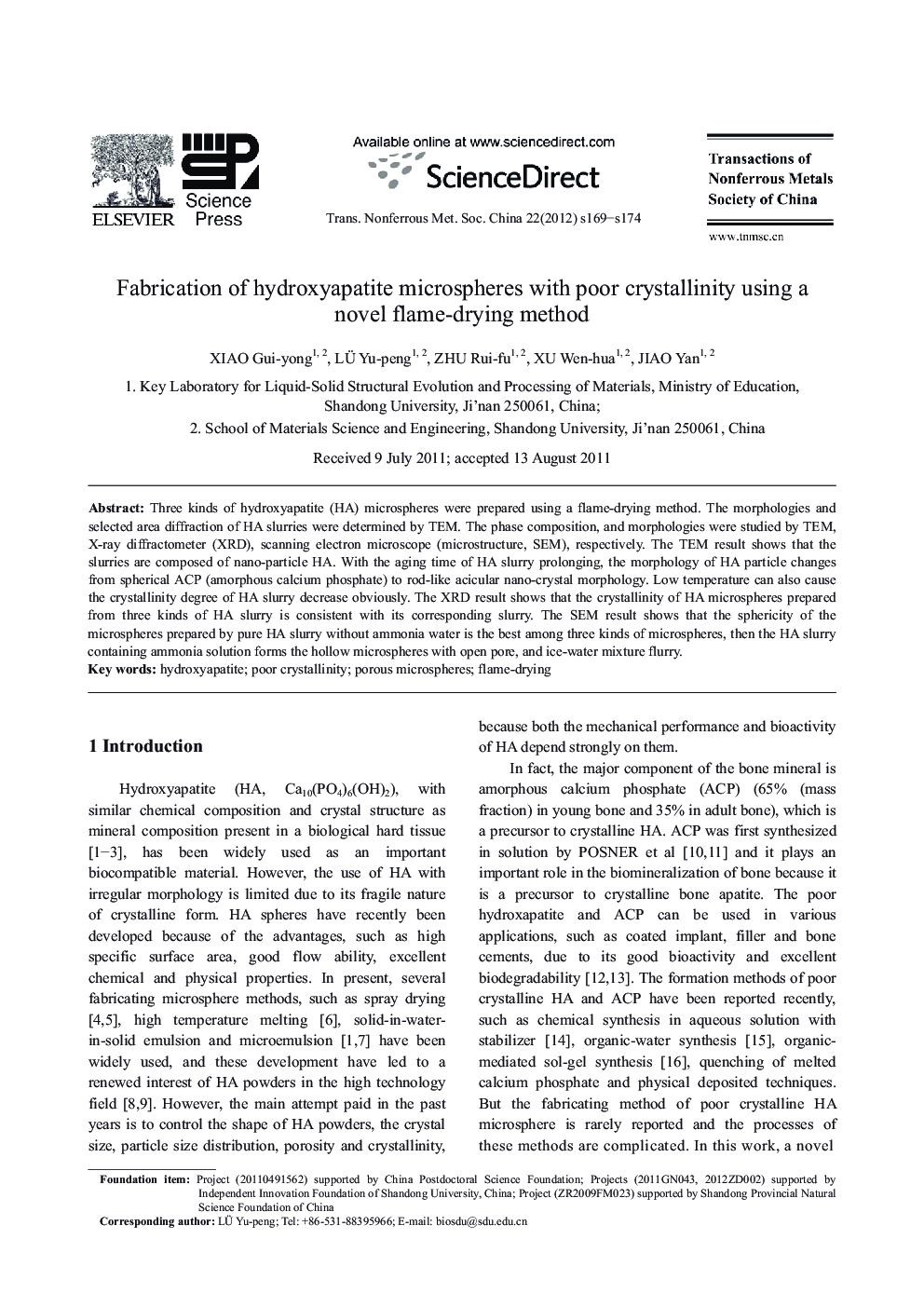 Fabrication of hydroxyapatite microspheres with poor crystallinity using a novel flame-drying method