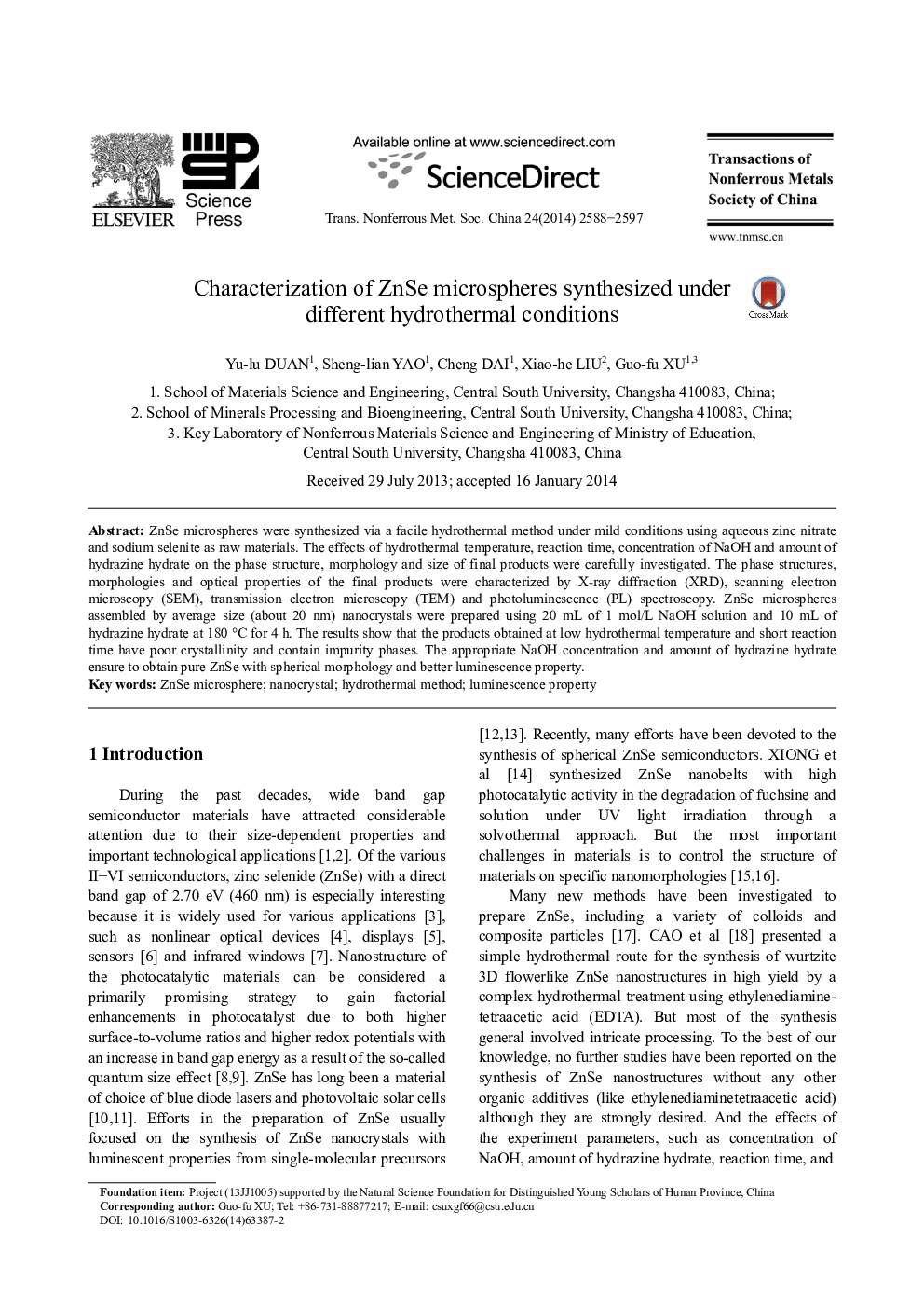 Characterization of ZnSe microspheres synthesized under different hydrothermal conditions