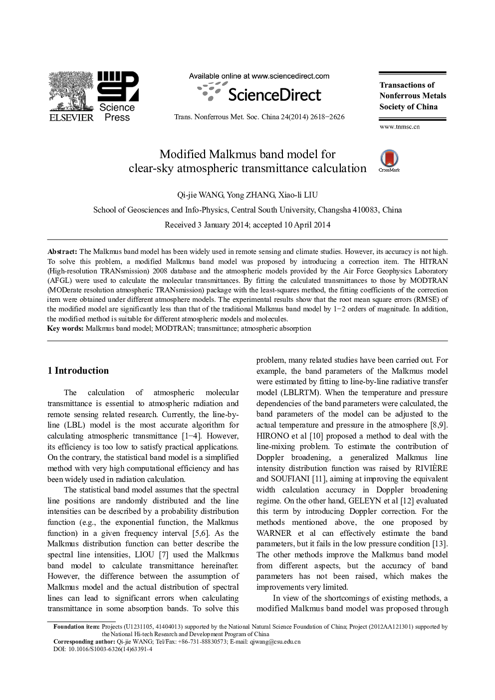 Modified Malkmus band model for clear-sky atmospheric transmittance calculation