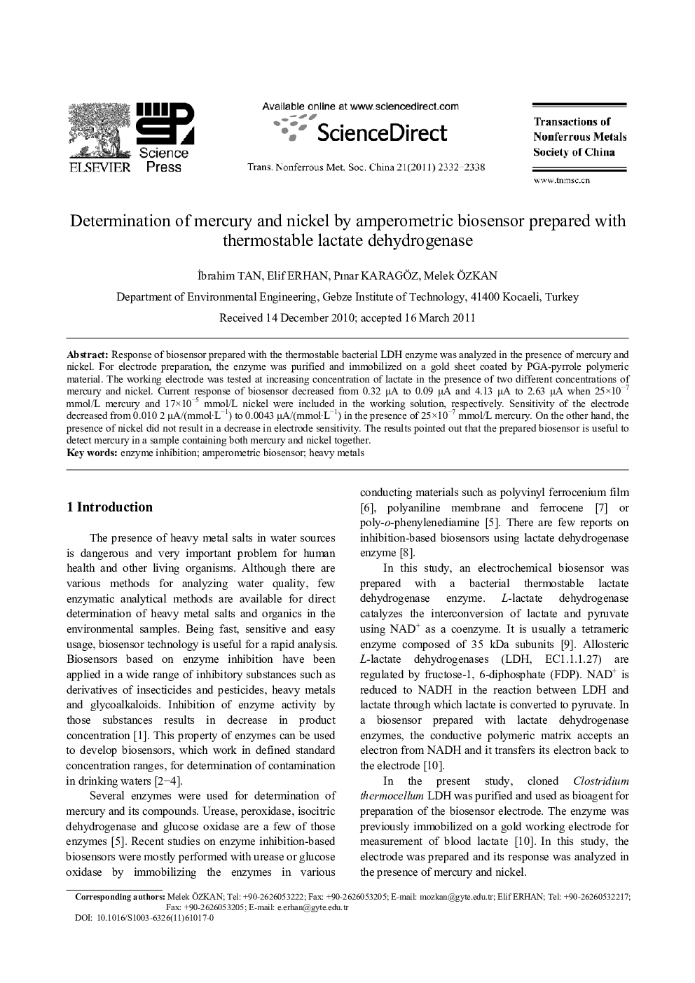 عکس صفحه اول مقاله: Determination of mercury and nickel by amperometric biosensor prepared with thermostable lactate dehydrogenase Determination of mercury and nickel by amperometric biosensor prepared with thermostable lactate dehydrogenase