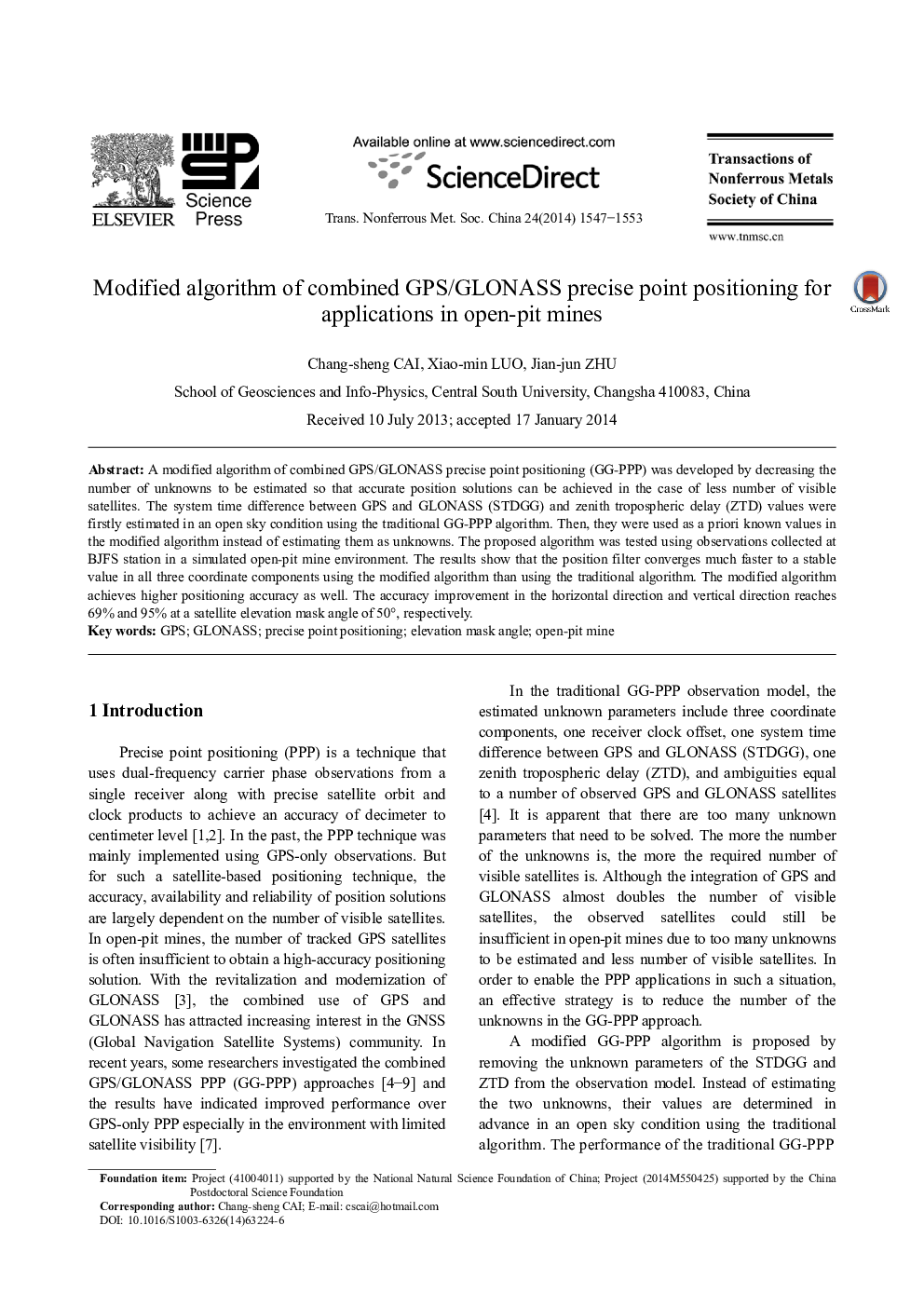 Modified algorithm of combined GPS/GLONASS precise point positioning for applications in open-pit mines