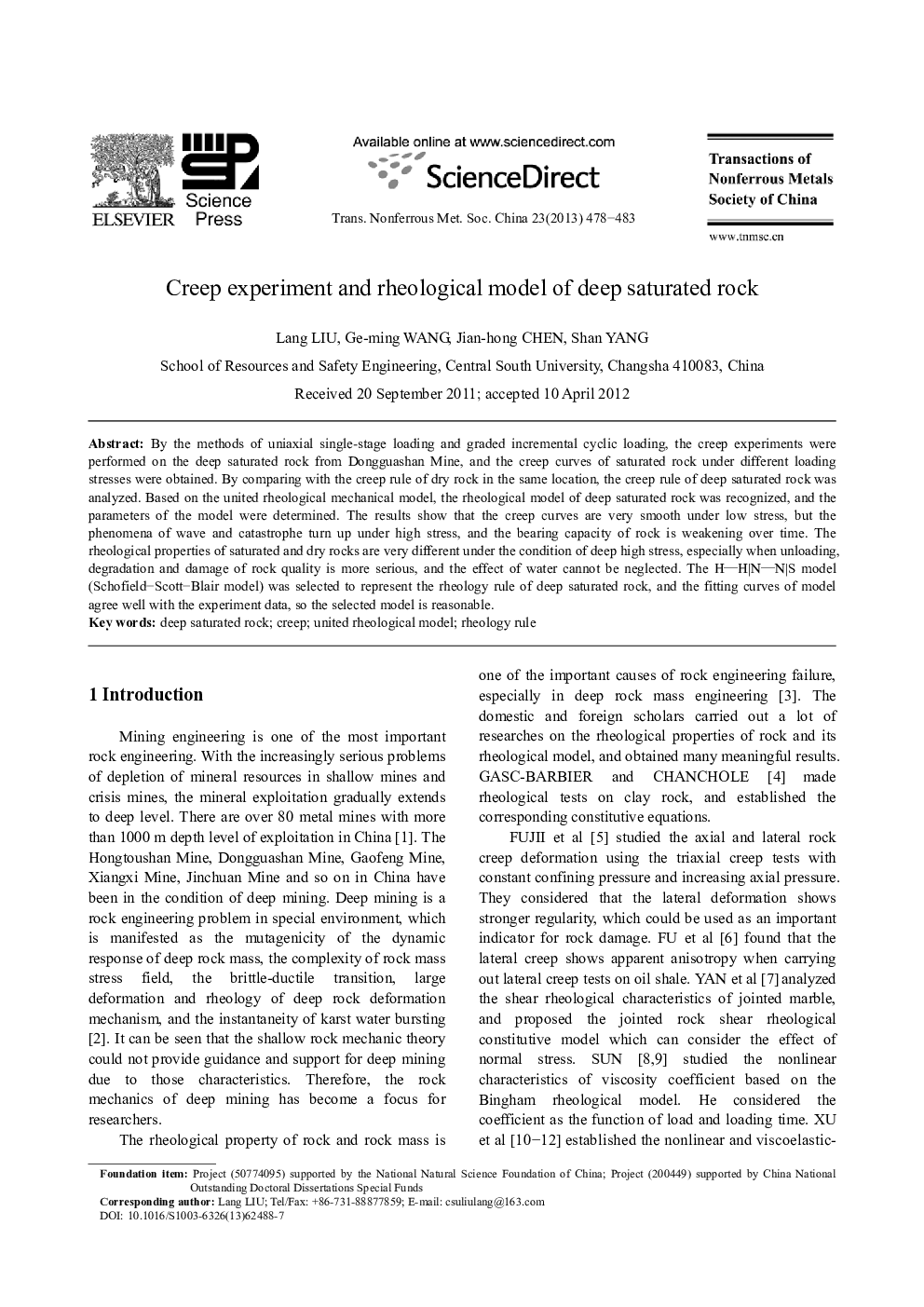 Creep experiment and rheological model of deep saturated rock 