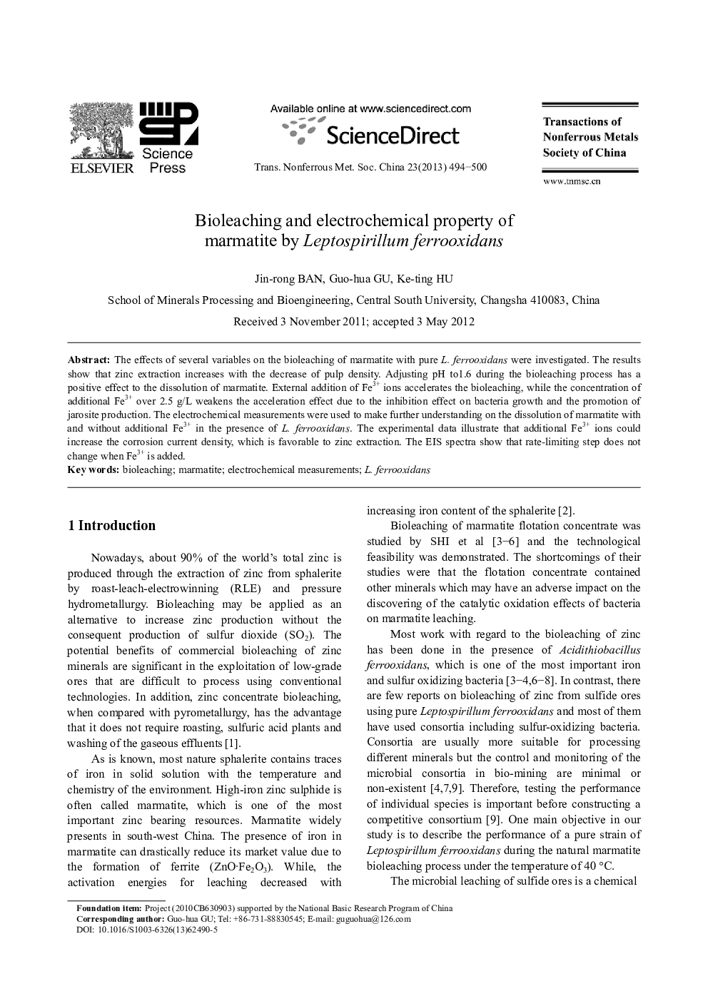 Bioleaching and electrochemical property of marmatite by Leptospirillum ferrooxidans 