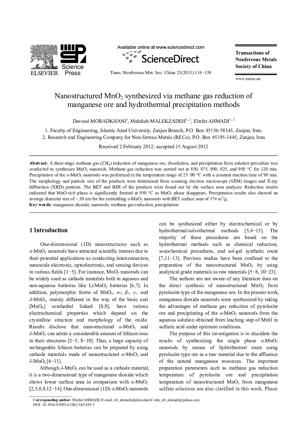 Nanostructured MnO2 synthesized via methane gas reduction of manganese ore and hydrothermal precipitation methods