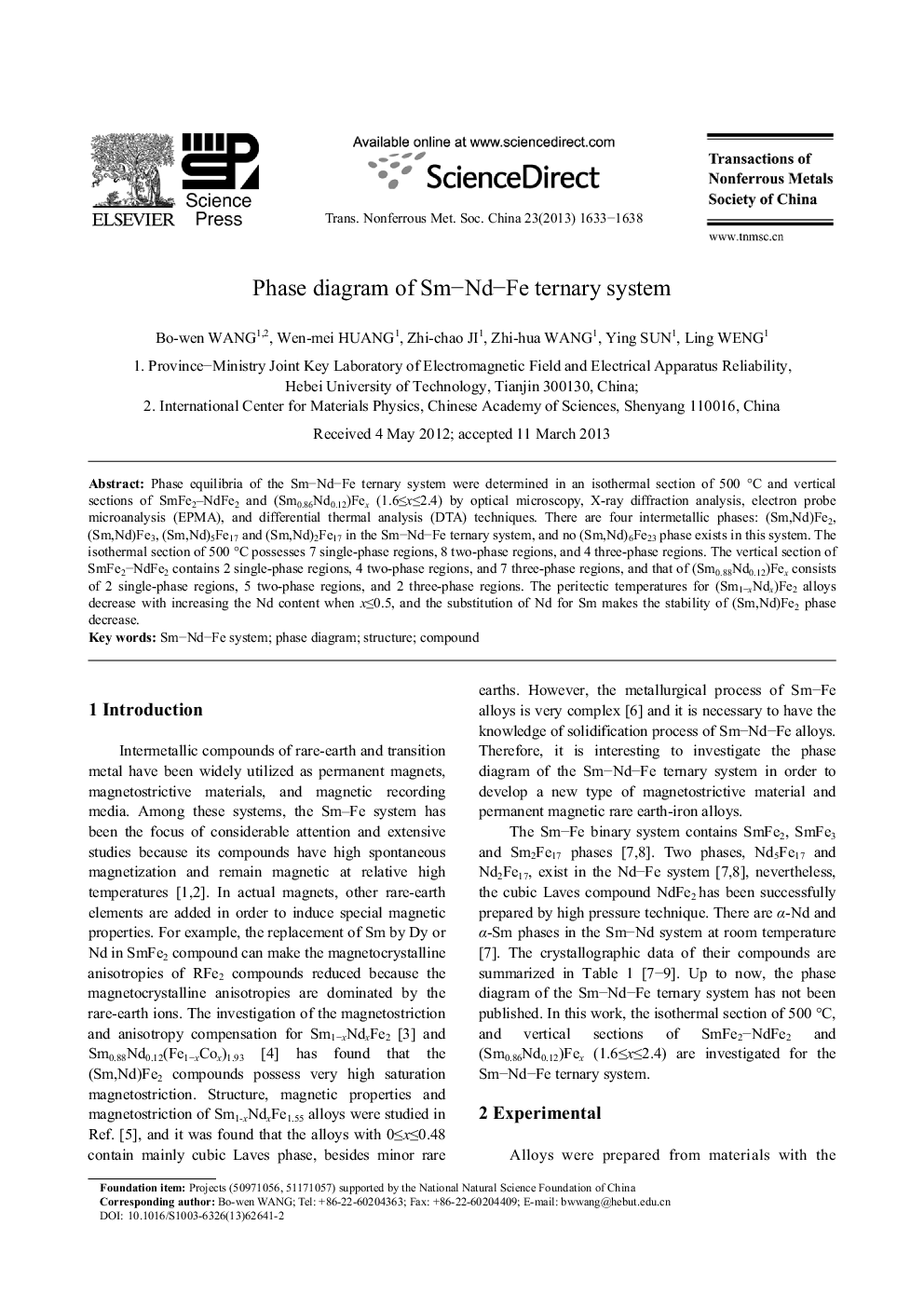 Phase diagram of Sm-Nd-Fe ternary system