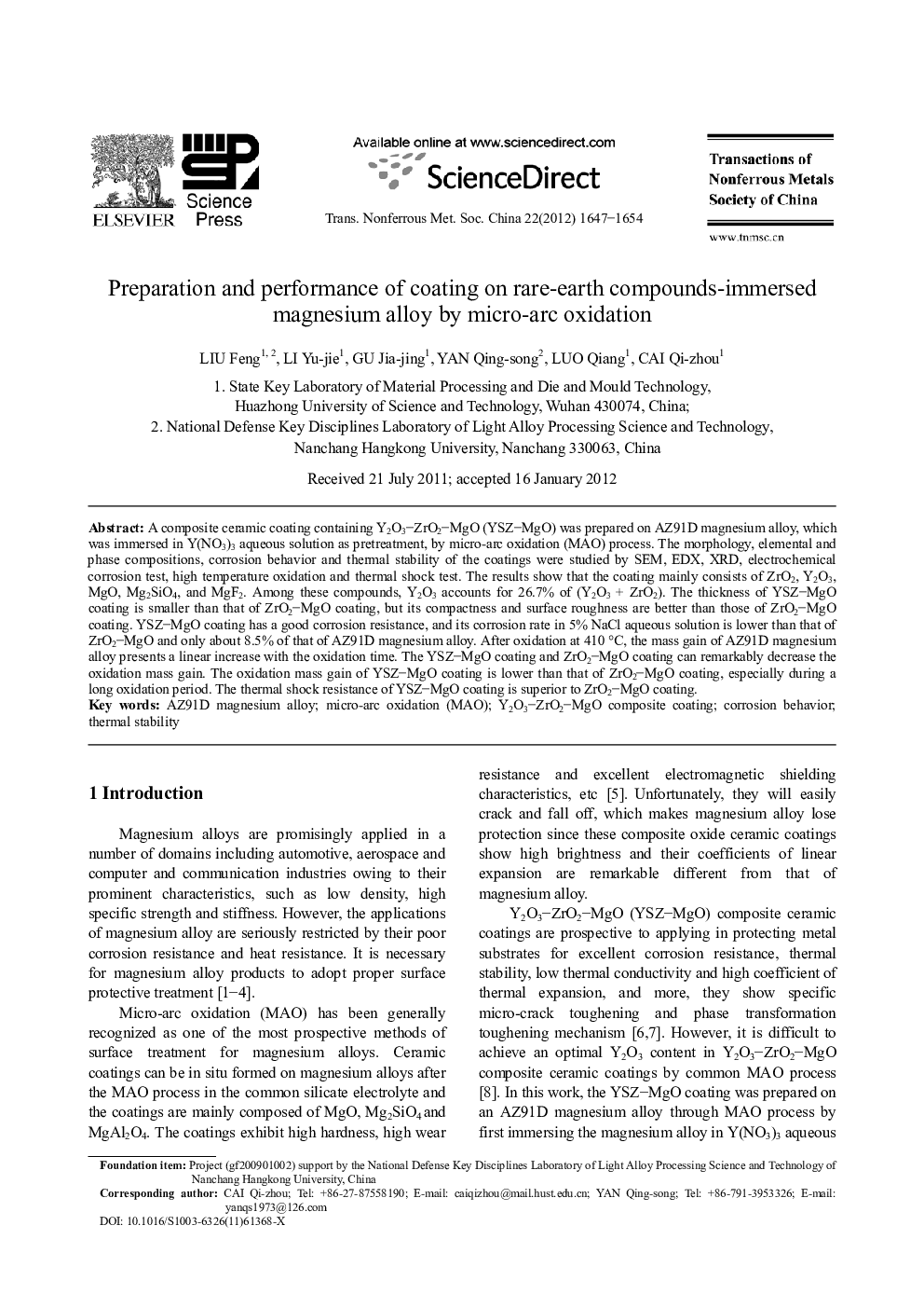 Preparation and performance of coating on rare-earth compounds-immersed magnesium alloy by micro-arc oxidation 