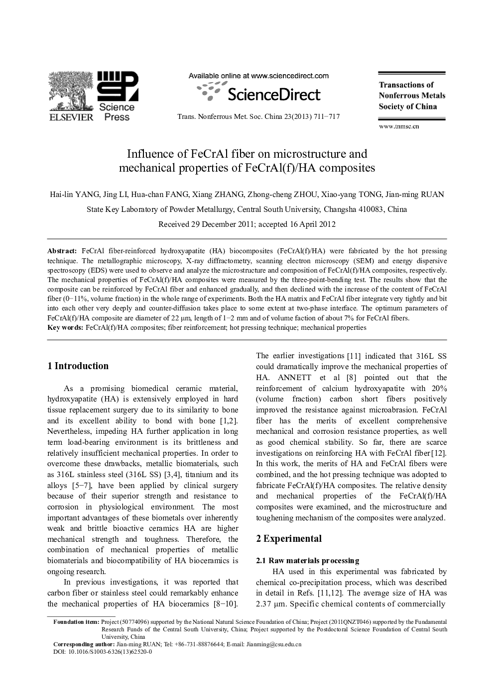 Influence of FeCrAl fiber on microstructure and mechanical properties of FeCrAl(f)/HA composites