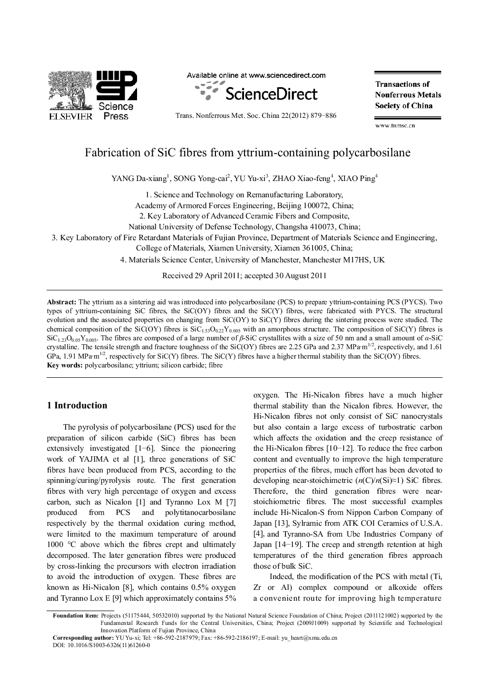 Fabrication of SiC fibres from yttrium-containing polycarbosilane 