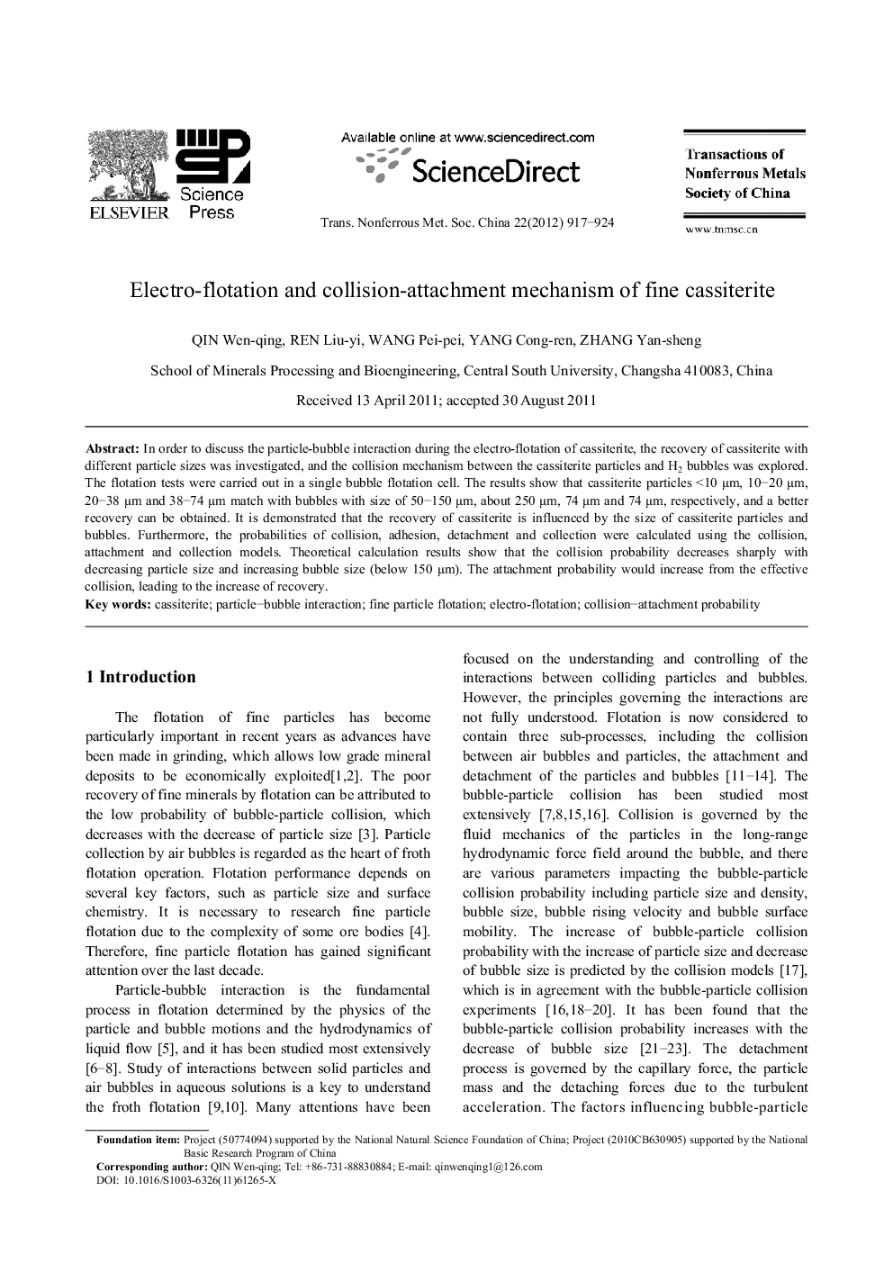 Electro-flotation and collision-attachment mechanism of fine cassiterite 