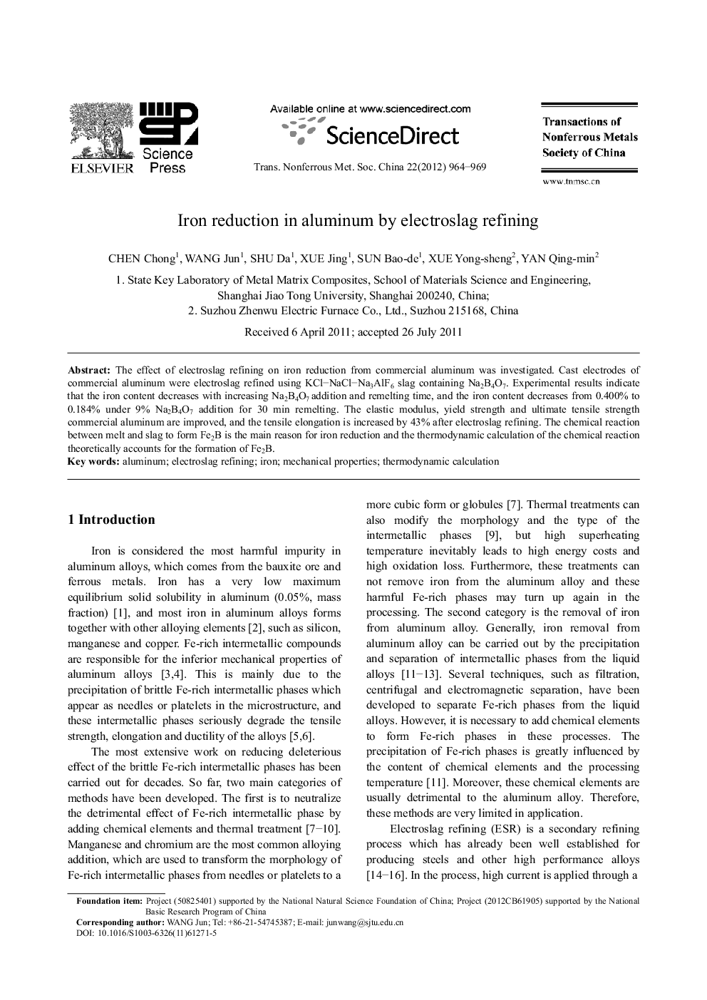 Iron reduction in aluminum by electroslag refining 