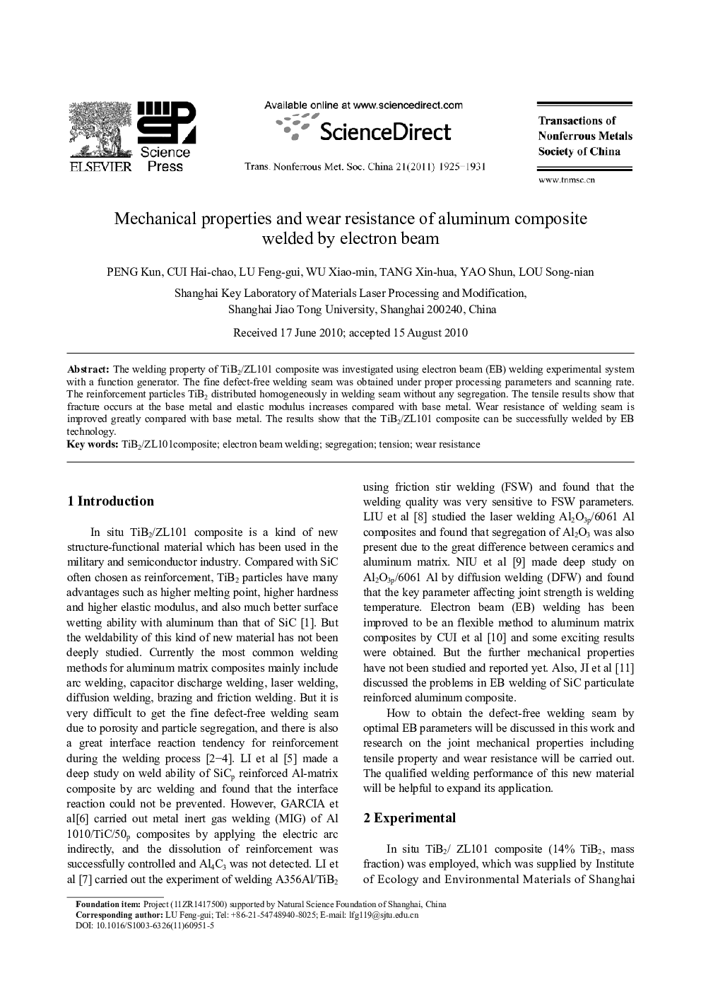عکس صفحه اول مقاله: Mechanical properties and wear resistance of aluminum composite welded by electron beam Mechanical properties and wear resistance of aluminum composite welded by electron beam