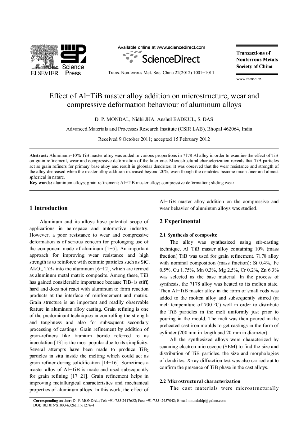 عکس صفحه اول مقاله: Effect of Al–TiB master alloy addition on microstructure, wear and compressive deformation behaviour of aluminum alloys Effect of Al–TiB master alloy addition on microstructure, wear and compressive deformation behaviour of aluminum alloys