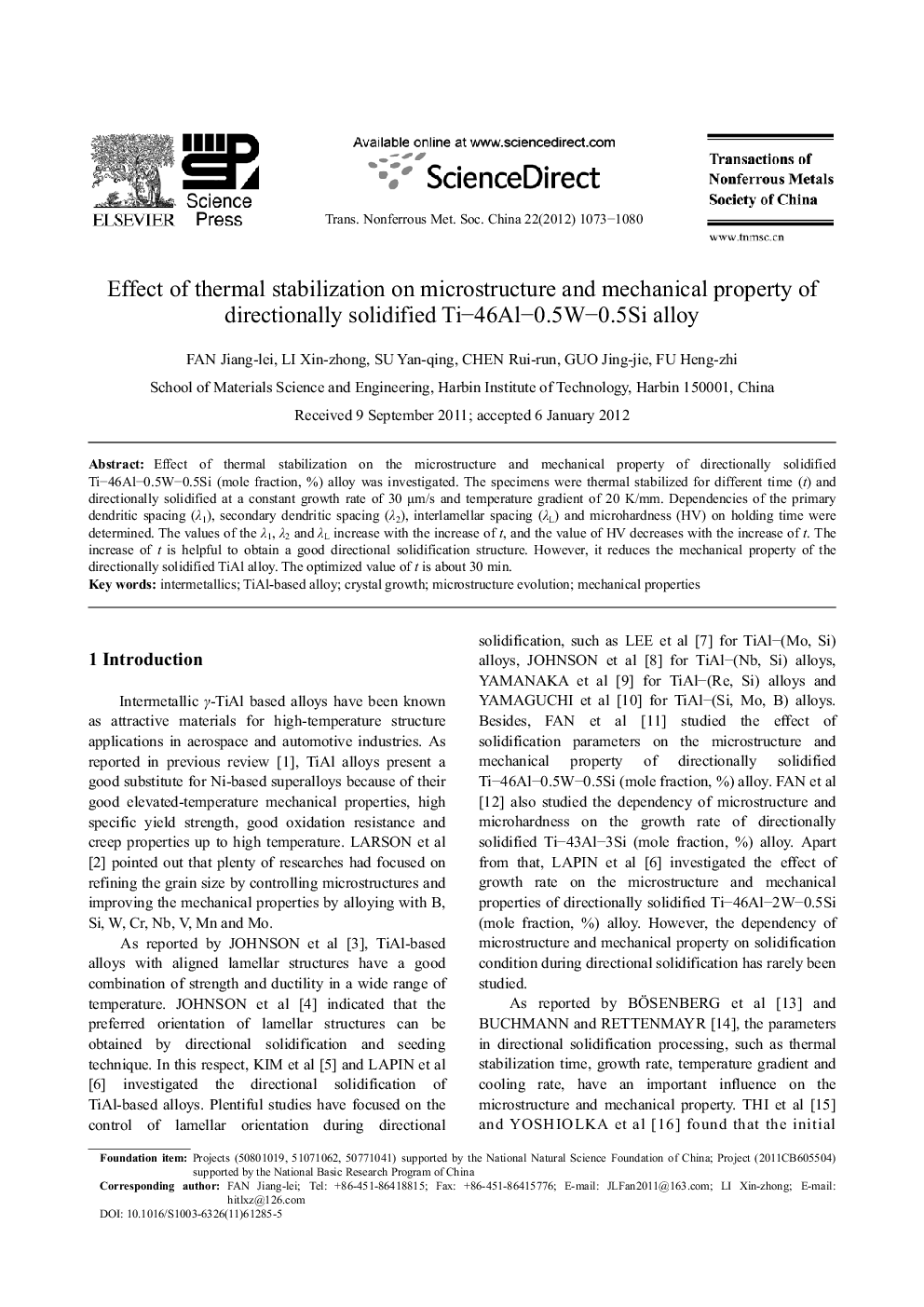 عکس صفحه اول مقاله: Effect of thermal stabilization on microstructure and mechanical property of directionally solidified Ti–46Al–0.5W–0.5Si alloy Effect of thermal stabilization on microstructure and mechanical property of directionally solidified Ti–46Al–0.5W–0.5Si alloy