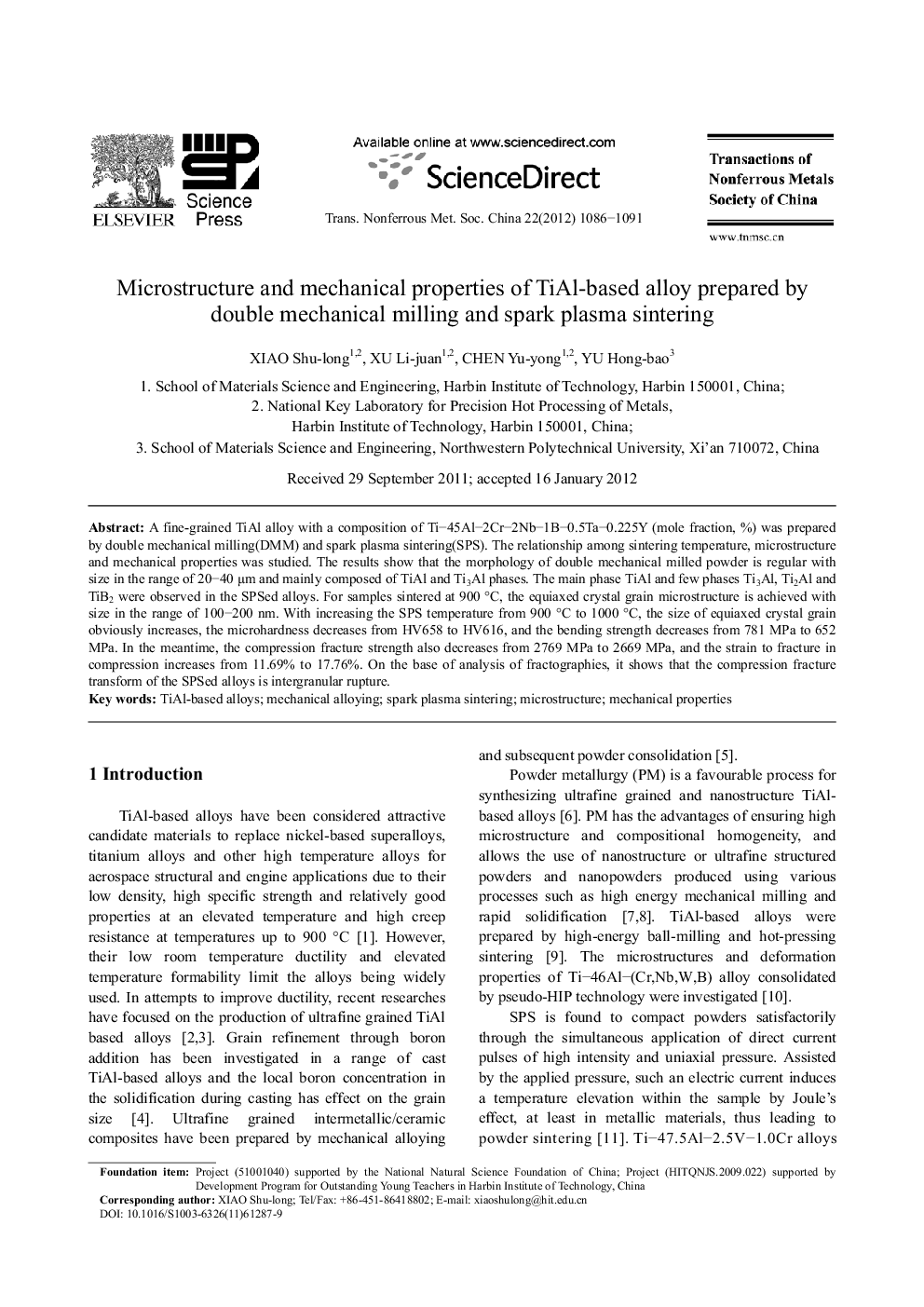 عکس صفحه اول مقاله: Microstructure and mechanical properties of TiAl-based alloy prepared by double mechanical milling and spark plasma sintering Microstructure and mechanical properties of TiAl-based alloy prepared by double mechanical milling and spark plasma sintering
