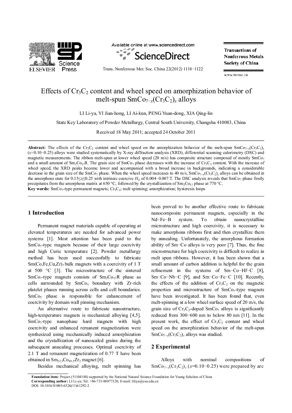 عکس صفحه اول مقاله: Effects of Cr3C2 content and wheel speed on amorphization behavior of melt-spun SmCo7-x(Cr3C2)x alloys Effects of Cr3C2 content and wheel speed on amorphization behavior of melt-spun SmCo7-x(Cr3C2)x alloys
