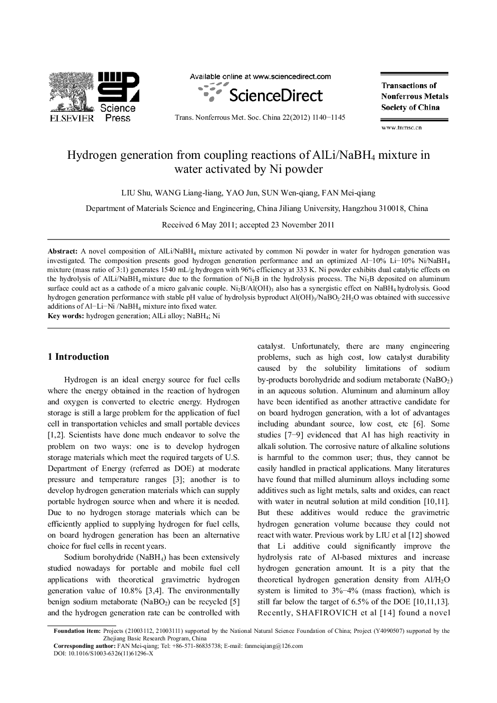 عکس صفحه اول مقاله: Hydrogen generation from coupling reactions of AlLi/NaBH4 mixture in water activated by Ni powder Hydrogen generation from coupling reactions of AlLi/NaBH4 mixture in water activated by Ni powder