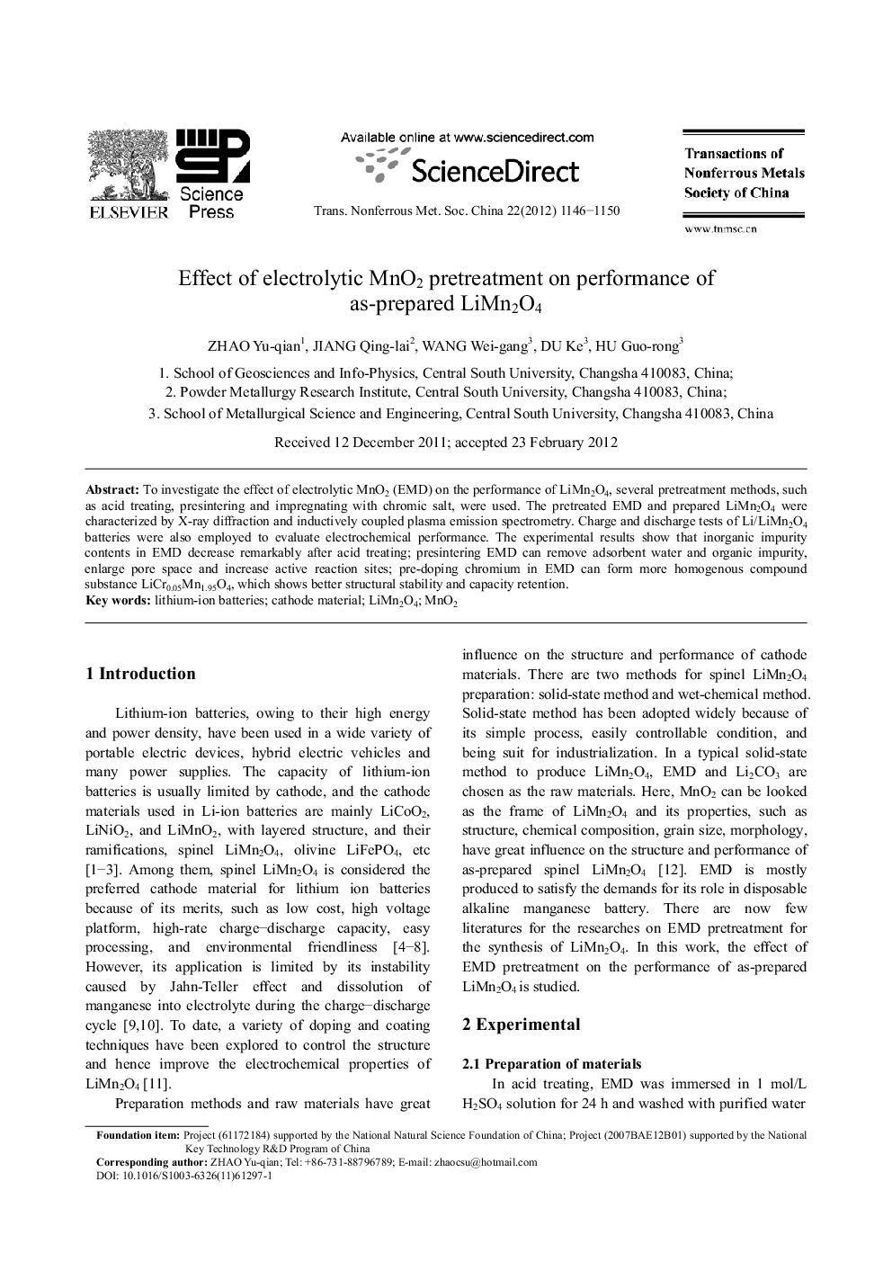 عکس صفحه اول مقاله: Effect of electrolytic MnO2 pretreatment on performance of as-prepared LiMn2O4 Effect of electrolytic MnO2 pretreatment on performance of as-prepared LiMn2O4