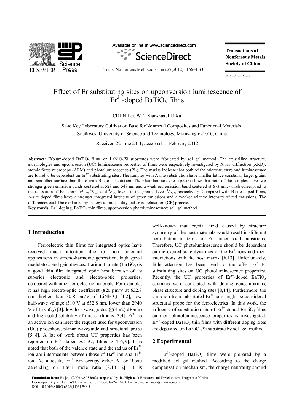 عکس صفحه اول مقاله: Effect of Er substituting sites on upconversion luminescence of Er3+-doped BaTiO3 films Effect of Er substituting sites on upconversion luminescence of Er3+-doped BaTiO3 films
