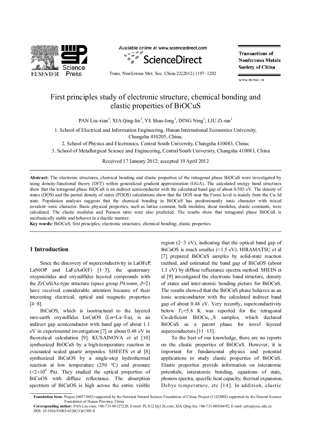 عکس صفحه اول مقاله: First principles study of electronic structure, chemical bonding and elastic properties of BiOCuS First principles study of electronic structure, chemical bonding and elastic properties of BiOCuS