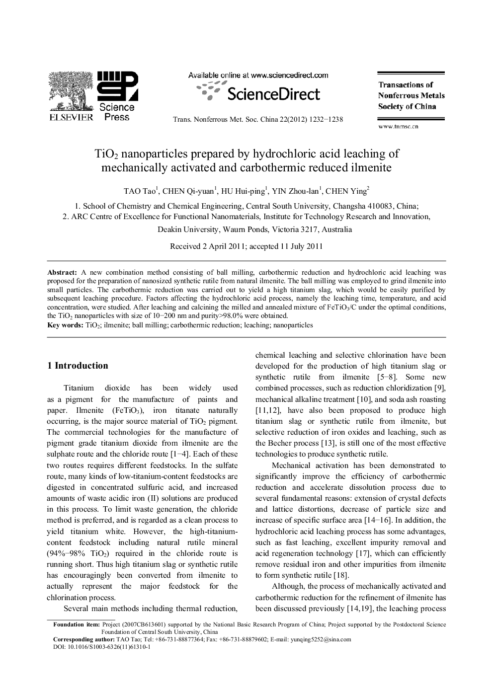 عکس صفحه اول مقاله: TiO2 nanoparticles prepared by hydrochloric acid leaching of mechanically activated and carbothermic reduced ilmenite TiO2 nanoparticles prepared by hydrochloric acid leaching of mechanically activated and carbothermic reduced ilmenite