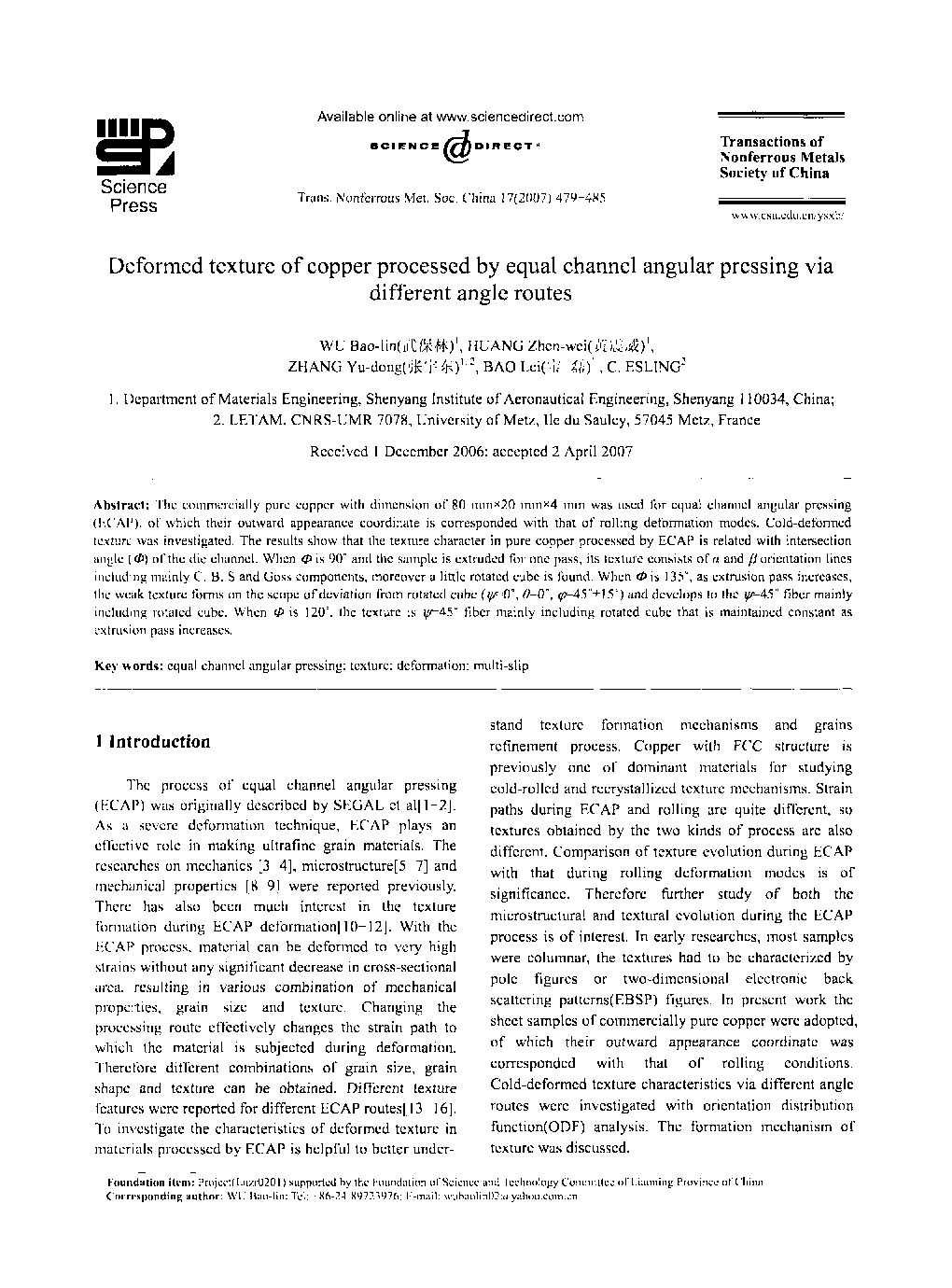 Deformed texture of copper processed by equal channel angular pressing via different angle routes