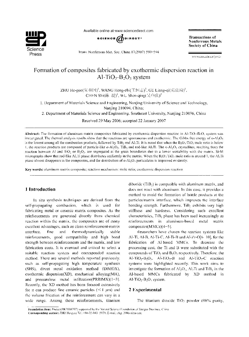 Formation of composites fabricated by exothermic dispersion reaction in Al-TiO2-B2O3 system