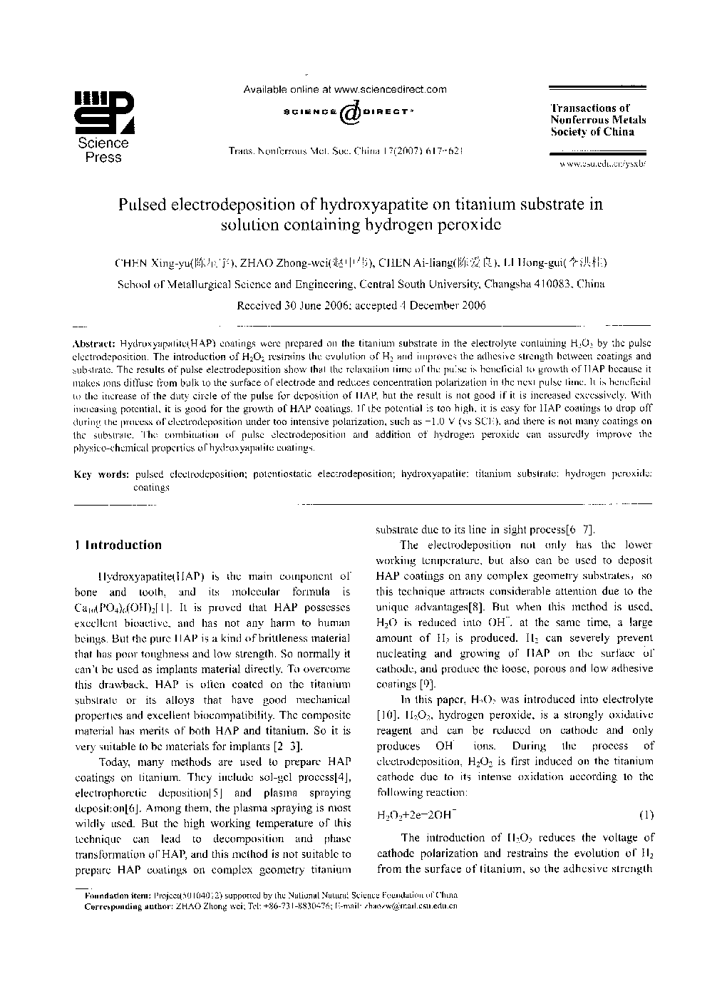 عکس صفحه اول مقاله: Pulsed electrodeposition of hydroxyapatite on titanium substrate in solution containing hydrogen peroxide Pulsed electrodeposition of hydroxyapatite on titanium substrate in solution containing hydrogen peroxide