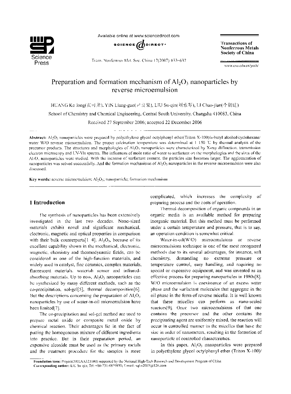 عکس صفحه اول مقاله: Preparation and formation mechanism of Al2O3 nanoparticles by reverse microemulsion Preparation and formation mechanism of Al2O3 nanoparticles by reverse microemulsion