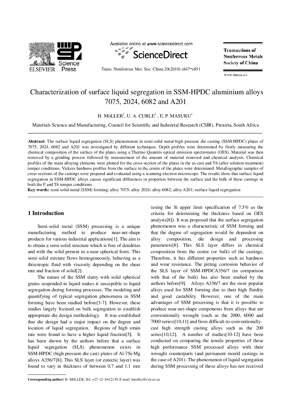 عکس صفحه اول مقاله: Characterization of surface liquid segregation in SSM-HPDC aluminium alloys 7075, 2024, 6082 and A201 Characterization of surface liquid segregation in SSM-HPDC aluminium alloys 7075, 2024, 6082 and A201