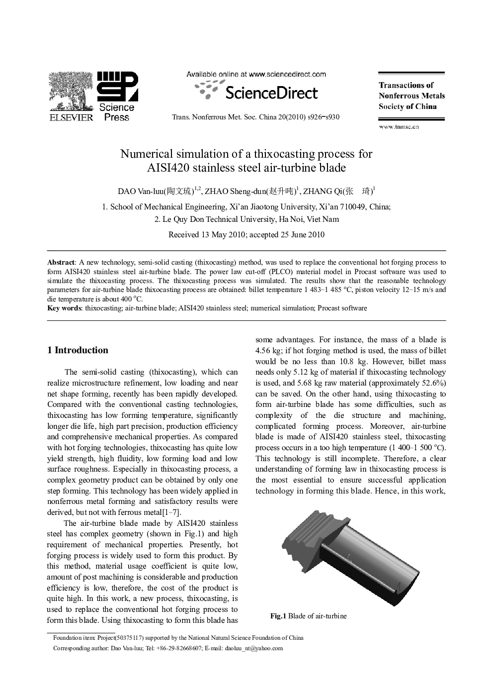 Numerical simulation of a thixocasting process for AISI420 stainless steel air-turbine blade