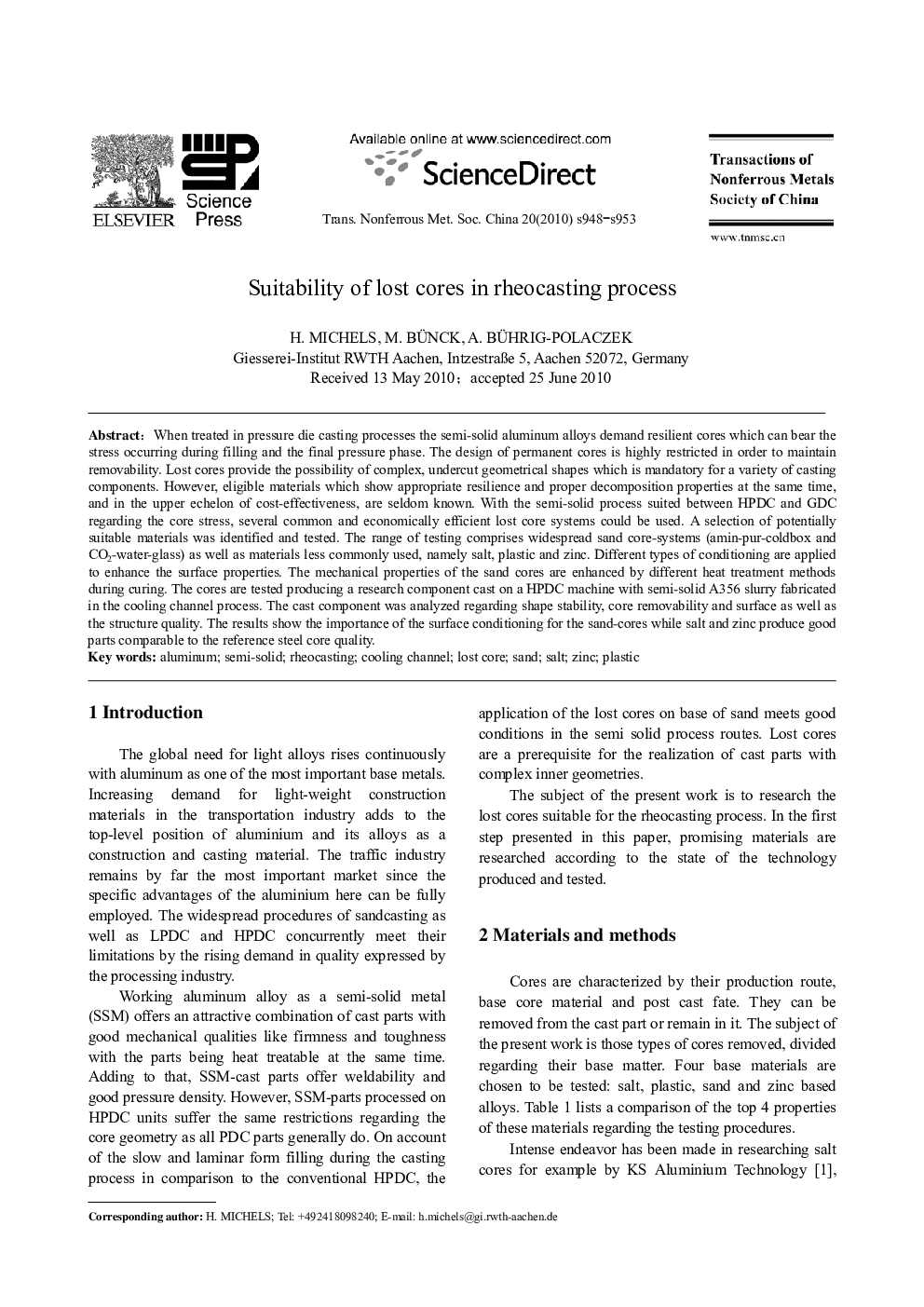 عکس صفحه اول مقاله: Suitability of lost cores in rheocasting process Suitability of lost cores in rheocasting process