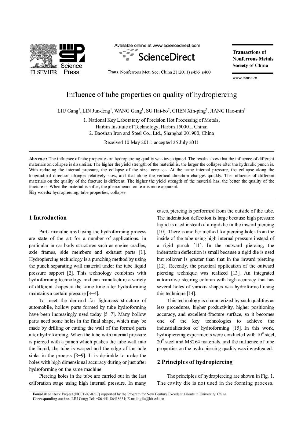 عکس صفحه اول مقاله: Influence of tube properties on quality of hydropiercing Influence of tube properties on quality of hydropiercing
