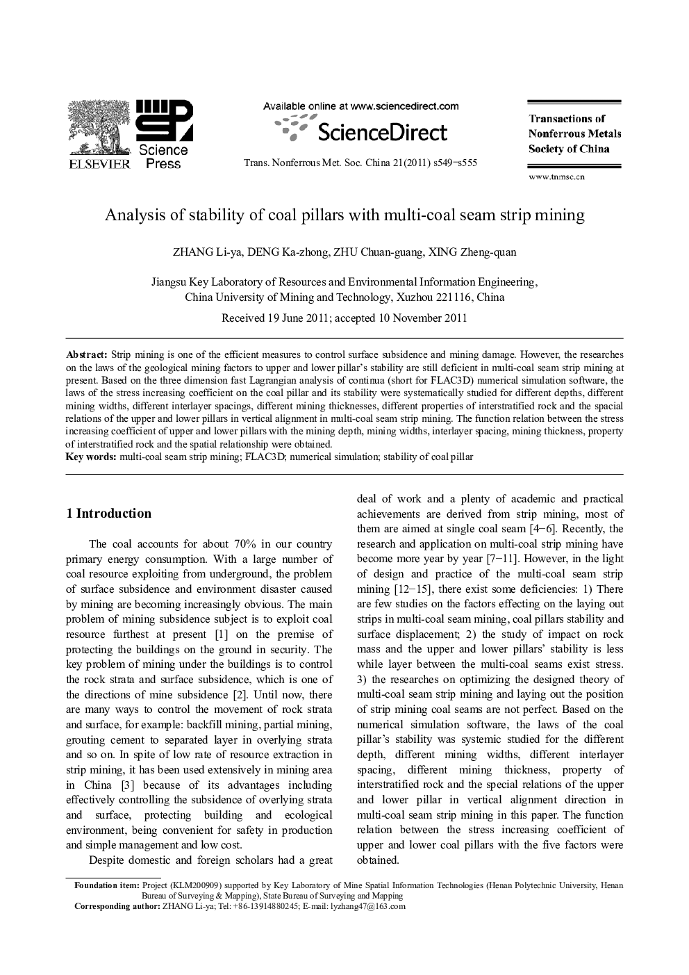 عکس صفحه اول مقاله: Analysis of stability of coal pillars with multi-coal seam strip mining Analysis of stability of coal pillars with multi-coal seam strip mining