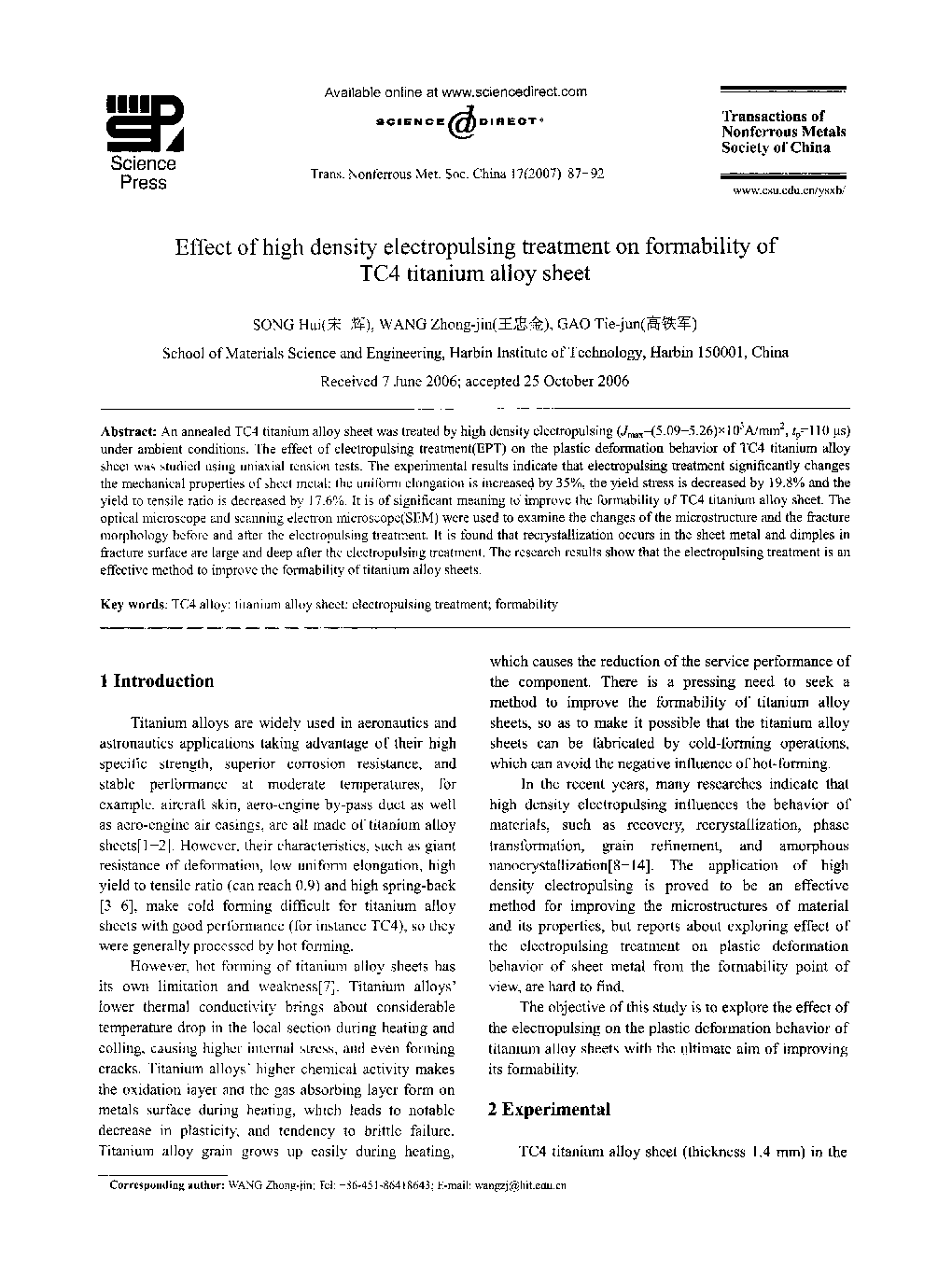 Effect of high density electropulsing treatment on formability of TC4 titanium alloy sheet