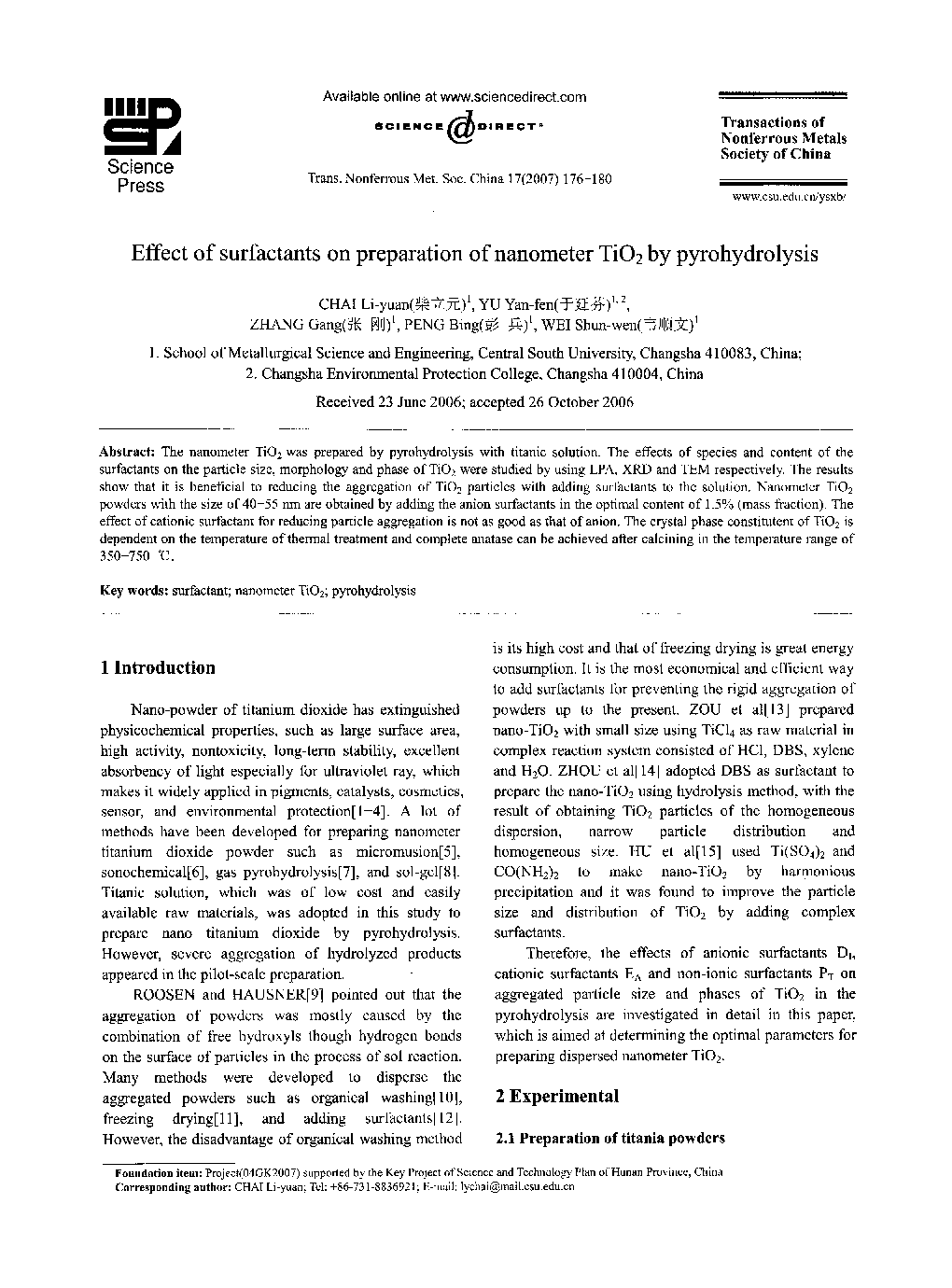 Effect of surfactants on preparation of nanometer TiO2 by pyrohydrolysis