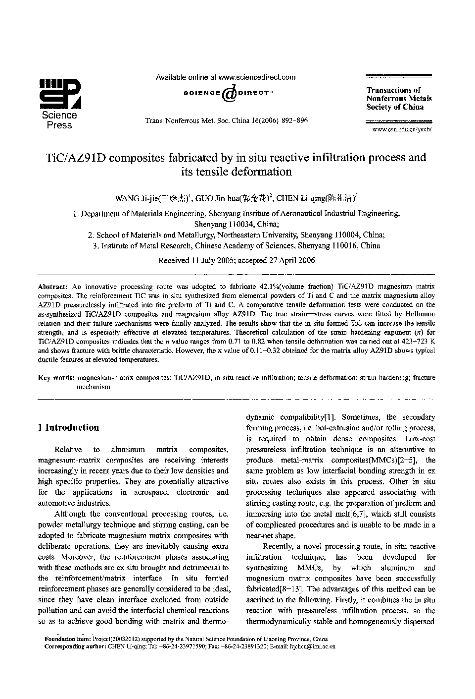 TiC/AZ91D composites fabricated by in situ reactive infiltration process and its tensile deformation