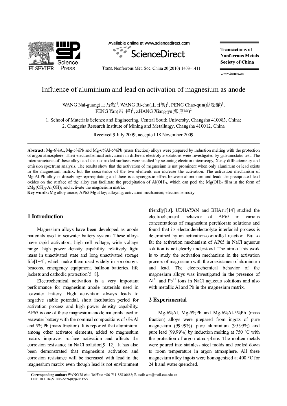 عکس صفحه اول مقاله: Influence of aluminium and lead on activation of magnesium as anode Influence of aluminium and lead on activation of magnesium as anode